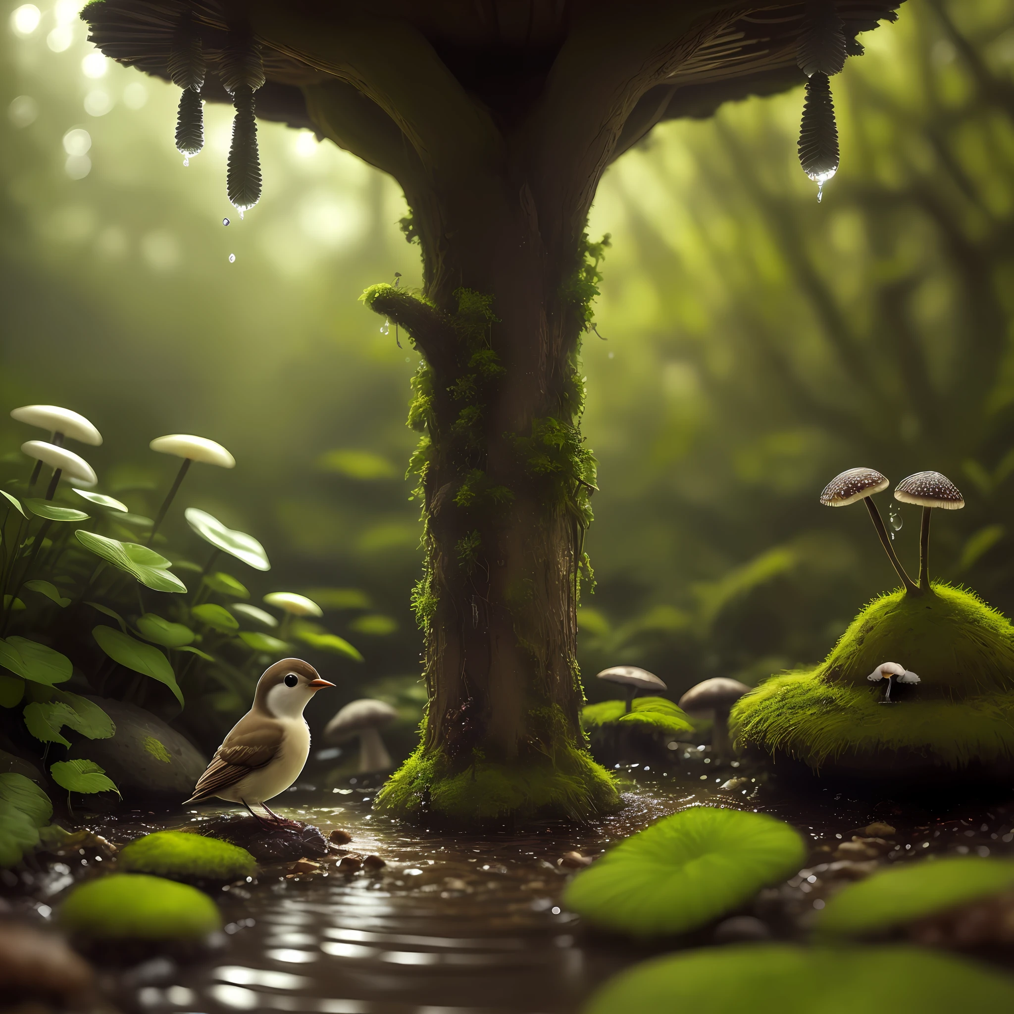 masterpiece, macro photograph of a tiny bird drinking water in a forest, dusk, mushrooms, dewdrops, high contrast, studio ghibli style, highly intricate, highly detailed, photorealism style