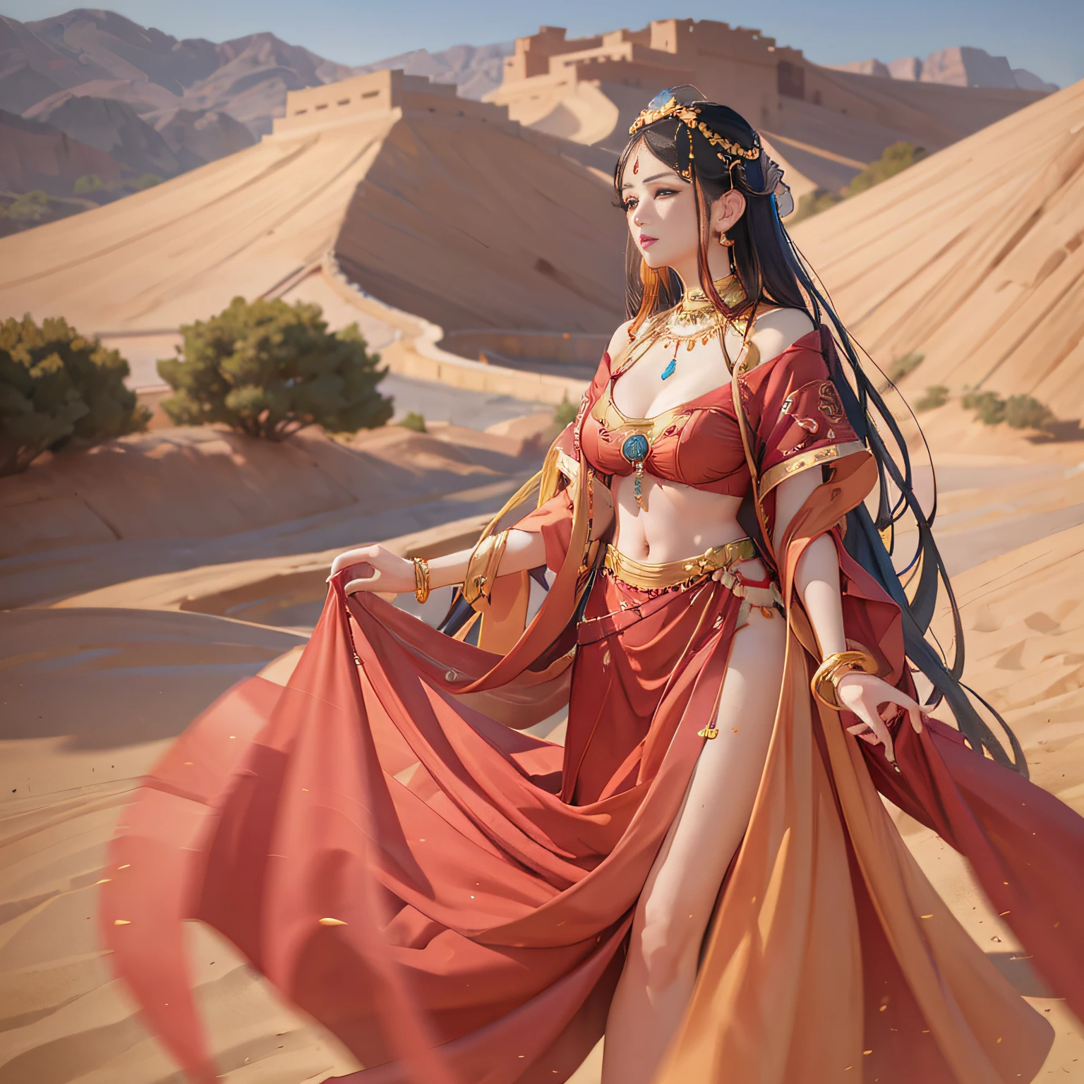 (8k, RAW photo, best quality, masterpiece:1.2), (realistic, photo-realistic:1.4), (extremely detailed CG unity 8k wallpaper), (1 girl:1.5), Western beauty, (Red clothes: 1.4), red spots on forehead, pale skin, blush, big eyes, full body, thighs, open navel, gold waist chain, gold jewelry, flying ribbons, particles, background is Loulan ancient city, ancient city wall, desert, dance, dunhuang_dress, dunhuang_style, attractive pose, Korean female fashion model, wearing long fluent clothes, conforming to anatomical morphology, nude