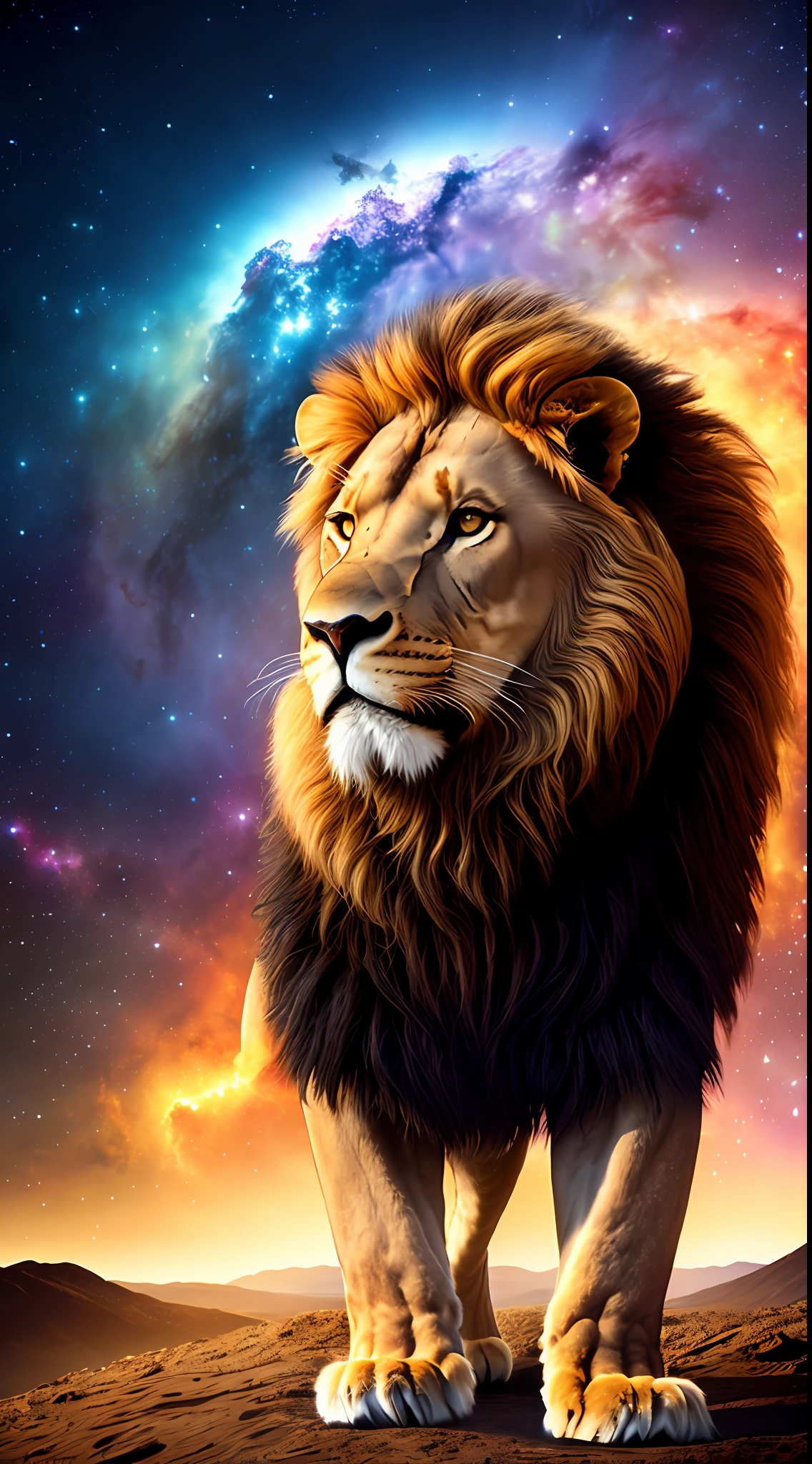 (large imposing realistic lion, living nebula), full body, night sky, Milky Way, bright stars, strong contrast, bright and vivid eyes, ultra realistic, quality