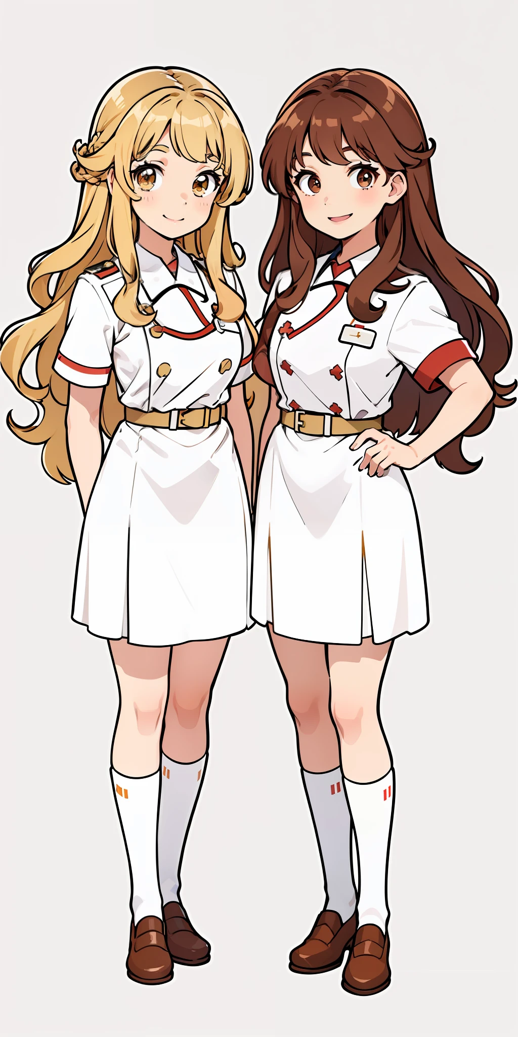 Woman, brown hair, curly hair, long hair, hazel eyes, extremely detailed, smile, nurse uniforms, white uniforms, same color outfits, full body shot, matching outfits, identical outfits, brown hair, blonde hair, different hair colors, twin sisters