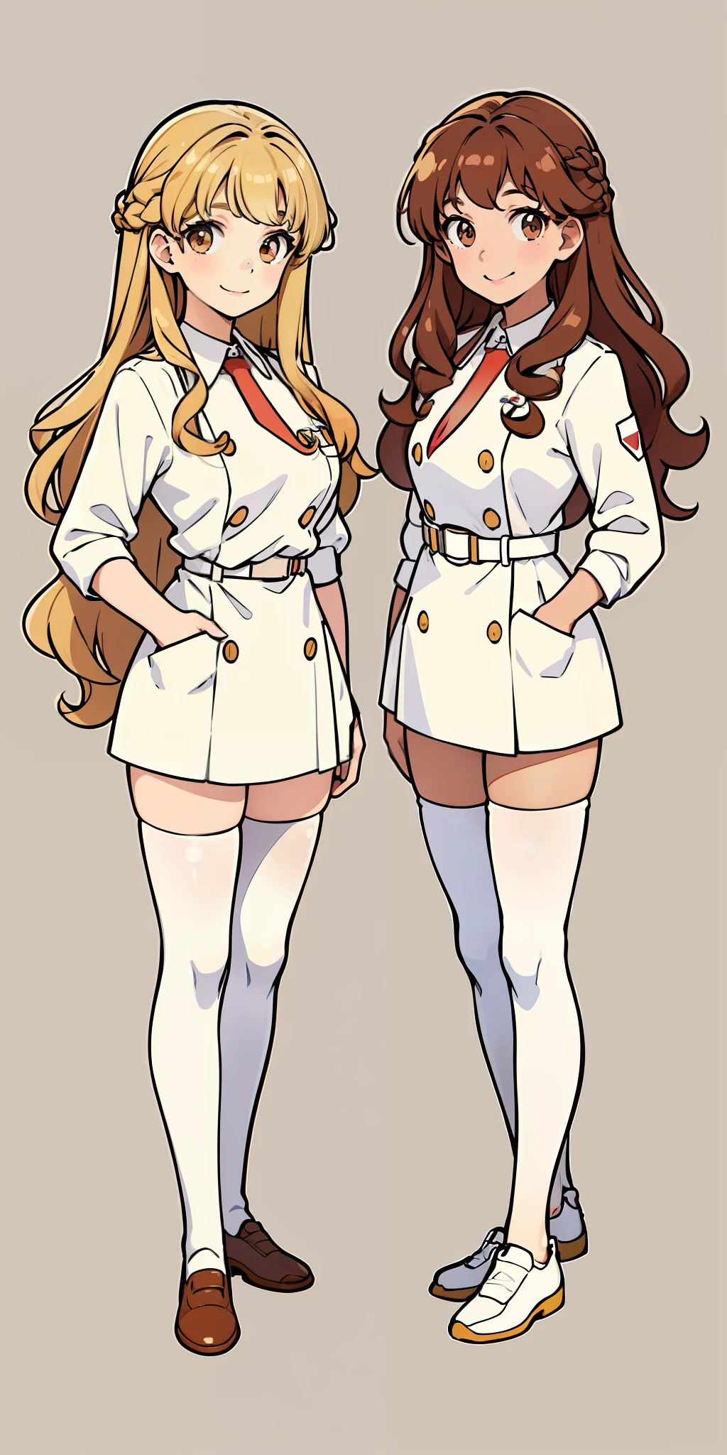 Woman, brown hair, curly hair, long hair, hazel eyes, extremely detailed, smile, nurse uniforms, white uniforms, same color outfits, full body shot, matching outfits, identical outfits, brown hair, blonde hair, different hair colors, twin sisters