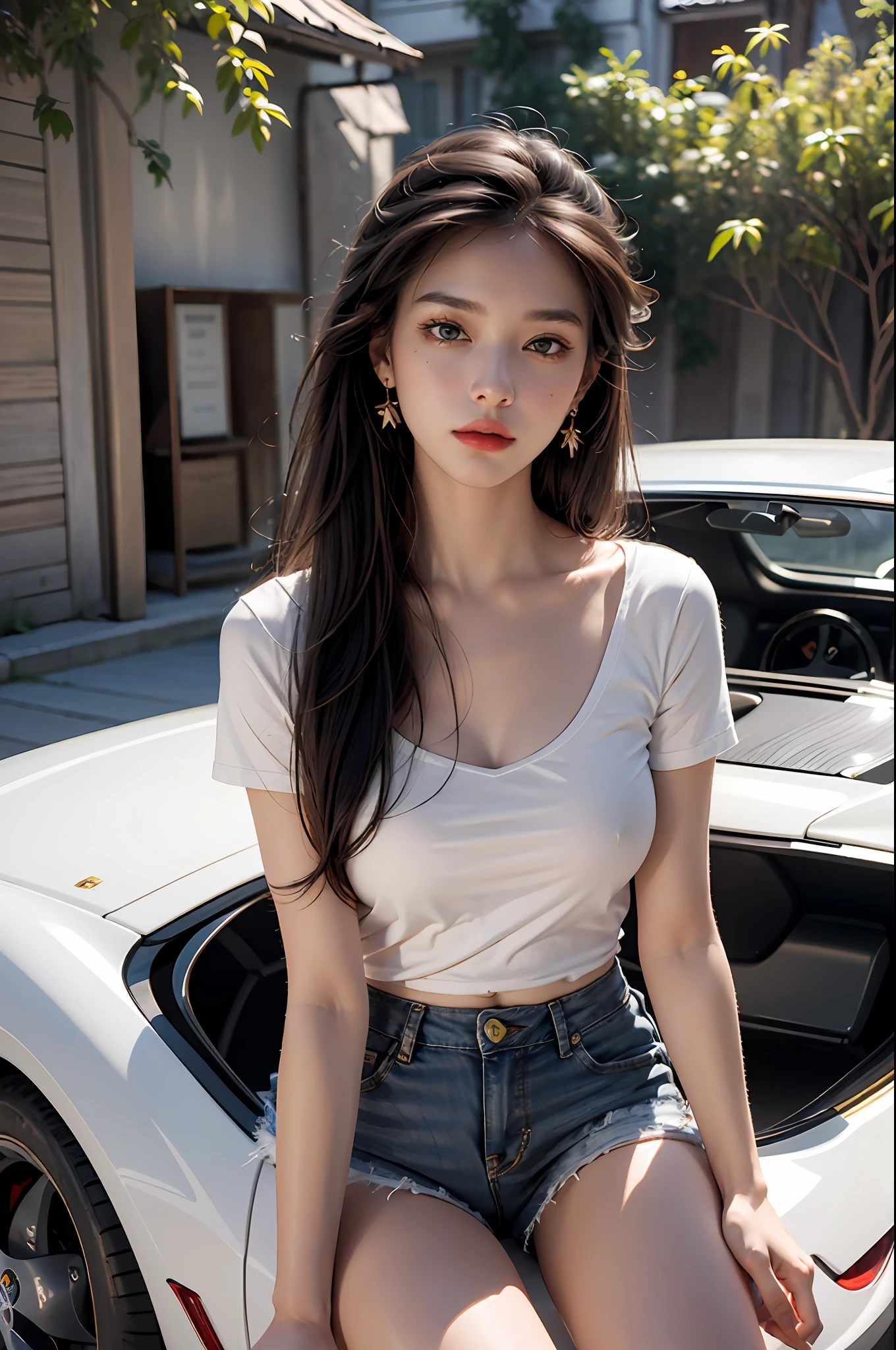 Best quality, masterpiece, super high resolution, (realistic: 1.4), original photo, (evening street), 1 girl, dark eyes, long hair, light makeup, lips, white t-shirt, denim shorts, earrings, sitting on Ferrari, big breasts, slim