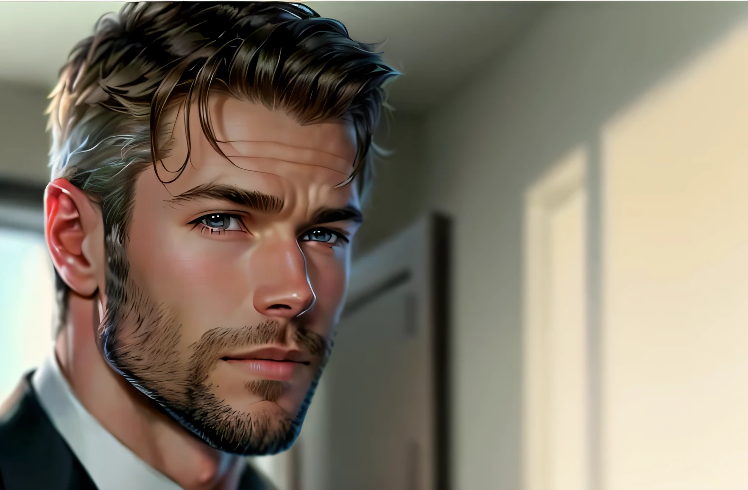 arafed man in a suit and tie looking at the camera, chris hemsworth, sharp jawline with a light beard, short scruffy beard, very attractive man with beard, short beard, thin beard, short dark blond beard, with a small beard, with trimmed beard, blond brown stubble thin beard, light stubble beard, groomed beard, chris hemsworth portrait