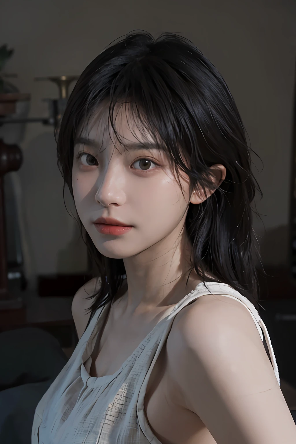 8K, Best Quality, Masterpiece, Ultra High Resolution, (Realism: 1.4), Original Photo, (Realistic Skin Texture: 1.3), (Film Grain: 1.3), (Selfie Angle), 1 Girl, Beautiful Eyes and Face Details, Masterpiece, Best Quality, Close-up, Upper Body, Looking at the Viewer