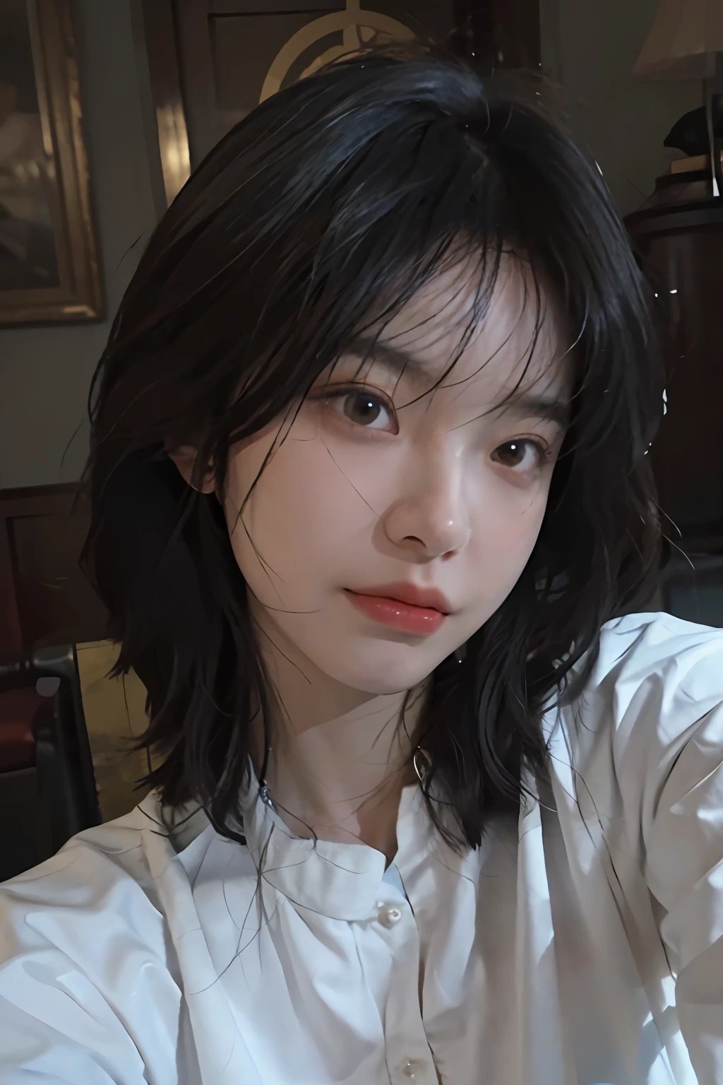 8K, Best Quality, Masterpiece, Ultra High Resolution, (Realism: 1.4), Original Photo, (Realistic Skin Texture: 1.3), (Film Grain: 1.3), (Selfie Angle), 1 Girl, Beautiful Eyes and Face Details, Masterpiece, Best Quality, Close-up, Upper Body, Looking at the Viewer