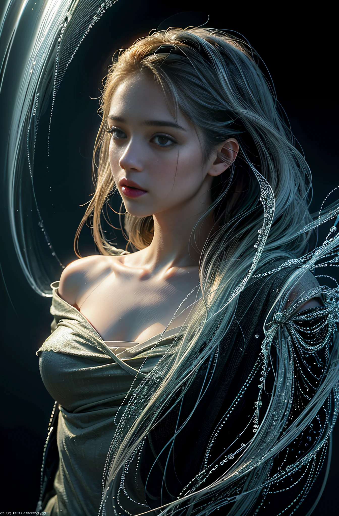 1 girl, beautiful, magic style, best quality, high resolution, masterpiece, canon camera, RAW format, (rainbow sugar: 0.8), (half: 1.3), marine, cool tones, low saturation, (extremely detailed face) (very detailed and expressive eyes)
