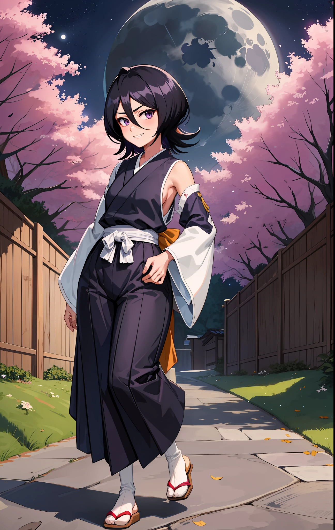 anime screen, night sky, moon, forest, path, 1girl, solo, short hair, black hair, purple eyes, japanese clothes, looking at the viewer, black kimono, hair between eyes, cowboy shot, wide sleeves, hakama pants, white_sash, back, closed mouth, grin, walk, look around, wide hips, big ass