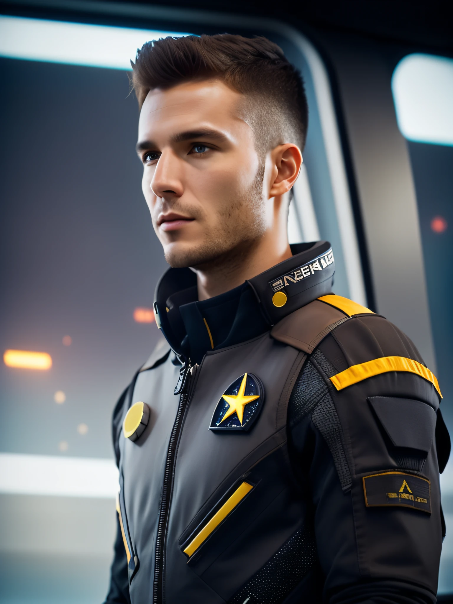 fking_scifi, award-winning photo of a man, black flight suit with yellow accents, brown hair, (gray eyes:1.35), square jawline, asymmetric face, standing in front of a window on a space ship, 80mm, bokeh, mass effect, close up, fking_cinema_v2