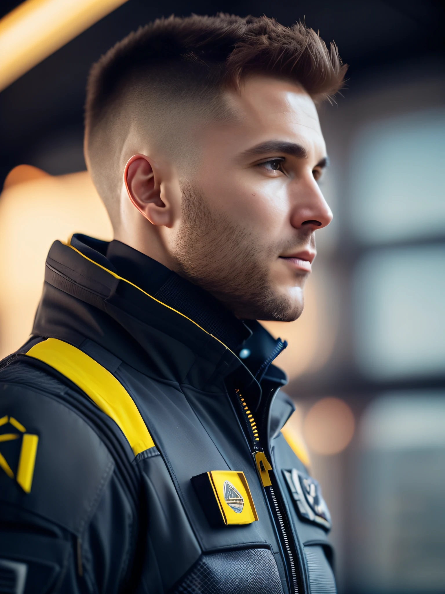 fking_scifi, award-winning photo of a man, black flight suit with yellow accents, brown hair, (gray eyes:1.35), square jawline, asymmetric face, standing in front of a window on a space ship, 80mm, bokeh, mass effect, close up, fking_cinema_v2
