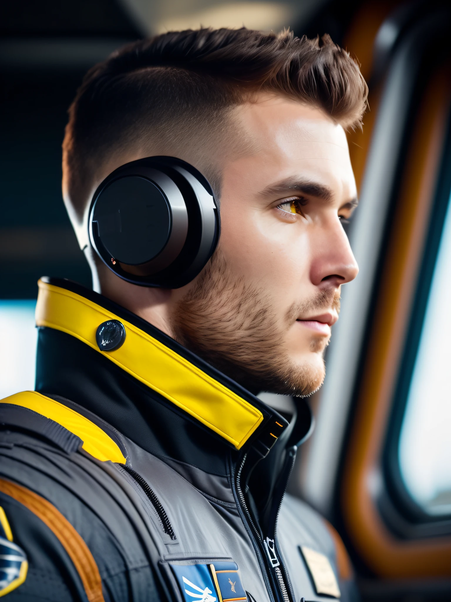 fking_scifi, award-winning photo of a man, black flight suit with yellow accents, brown hair, (gray eyes:1.35), square jawline, asymmetric face, standing in front of a window on a space ship, 80mm, bokeh, mass effect, close up, fking_cinema_v2