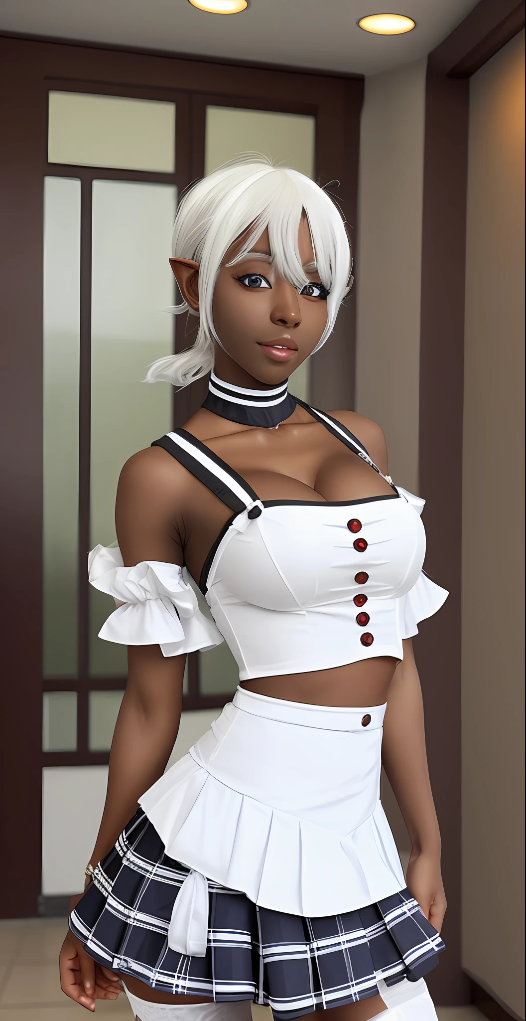 dark skinned elf girl . with white hair .. dressed in a schoolgirl costume , with a beautiful figure and waist , perfect bust , she has an ultra high, sharp focus, 8k