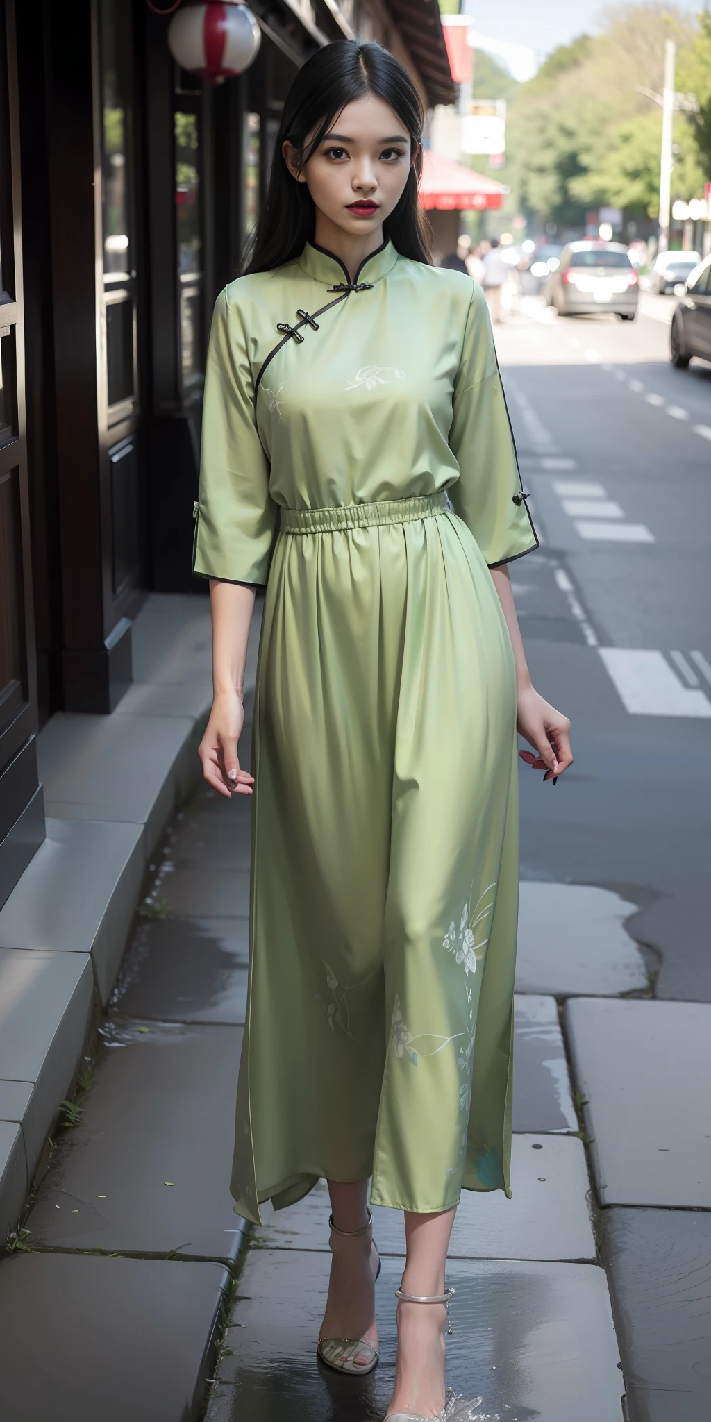 (green printed china dress),1 girl, (arms behind back:1.1),(realistic:1.7),((best quality)),absurdres,(ultra high res),(photorealistic:1.6),photorealistic,octane render,(hyperrealistic:1.2), (photorealistic face:1.2), (8k), (4k), (Masterpiece),(realistic skin texture), (illustration, cinematic lighting,wallpaper),( beautiful eyes:1.2),((((perfect face)))),(cute),(standing),(black hair),black eyes,red lips, (outdoors),