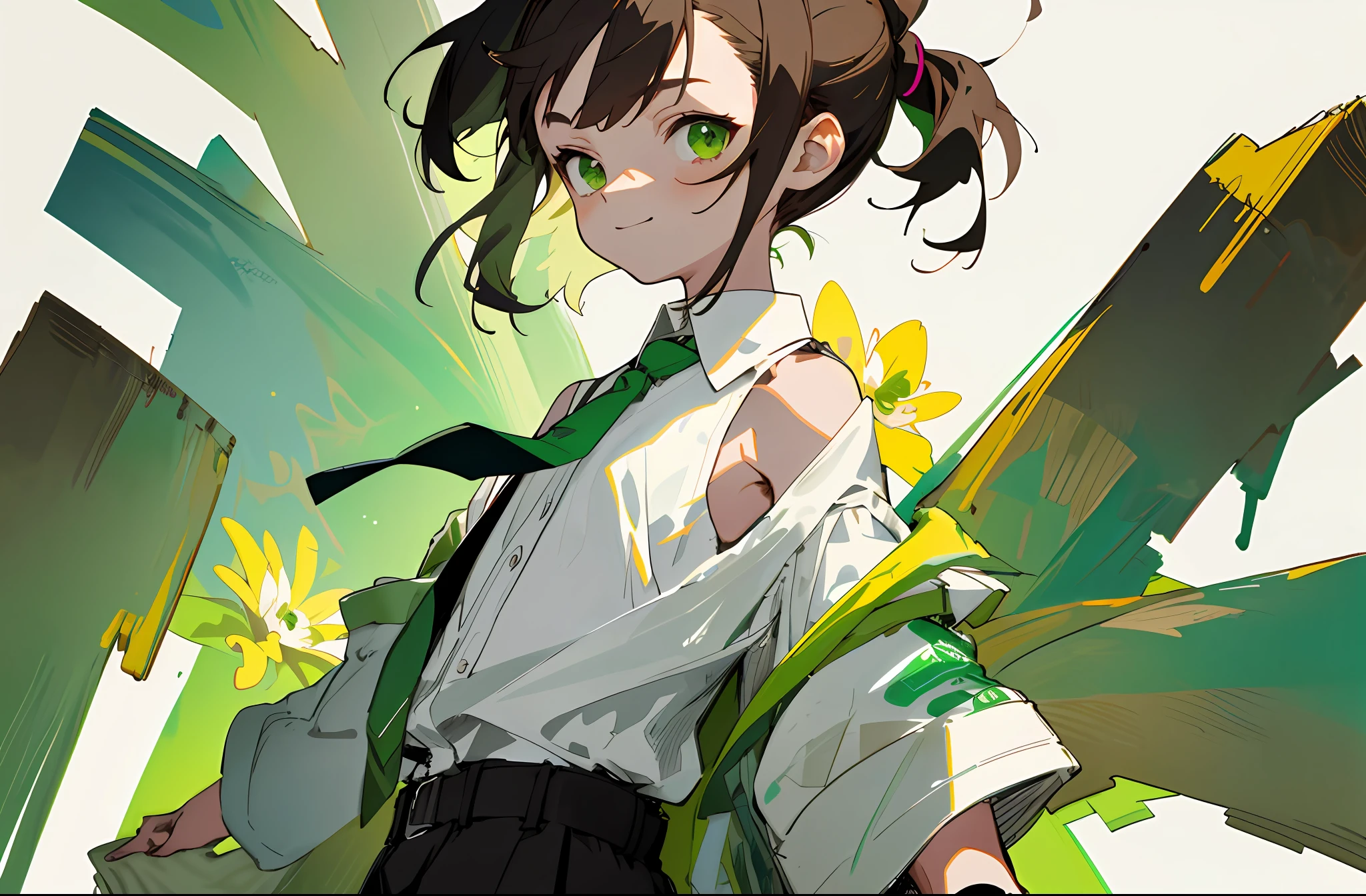 A small loli, brown ponytail, white skin, short man, green eyes, masterpiece, punk jacket, white shirt, green tie, off-the-shoulders, open sleeves, light smile, flower, quiet, restrained, (concept art)