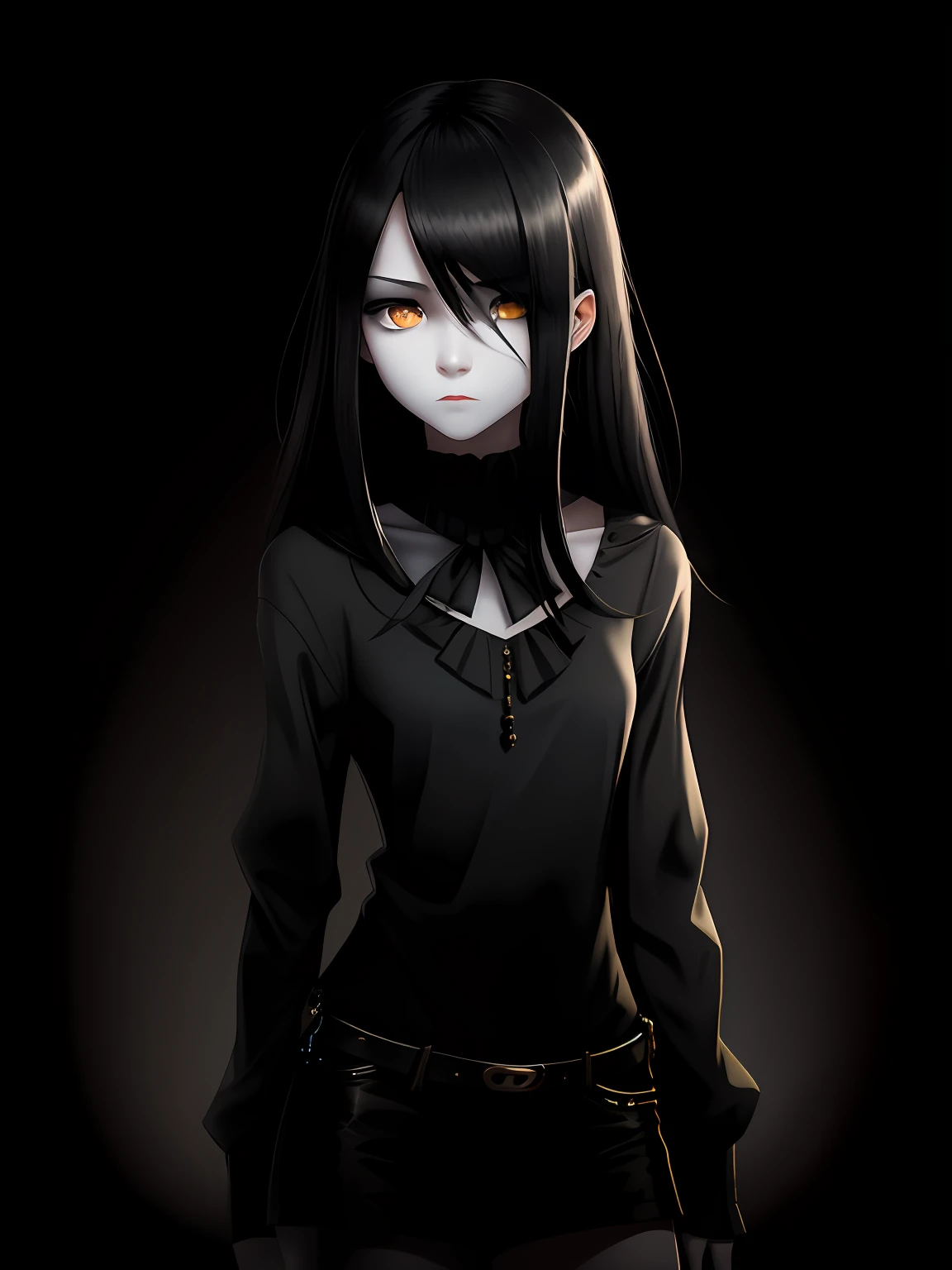 A pre teen old girl with pale skin and long, straight black hair. large and dark eyes  , with an intense and enigmatic expression. Wearing tight black clothes, with a more elegant and sophisticated touch, something that matches her mysterious and strong personality. Overall, her appearance would be striking, attracting curious and intrigued looks. flat chested, cinematic lighting, chromatic aberration, backlighting, masterpiece, high details, high quality, 4K.