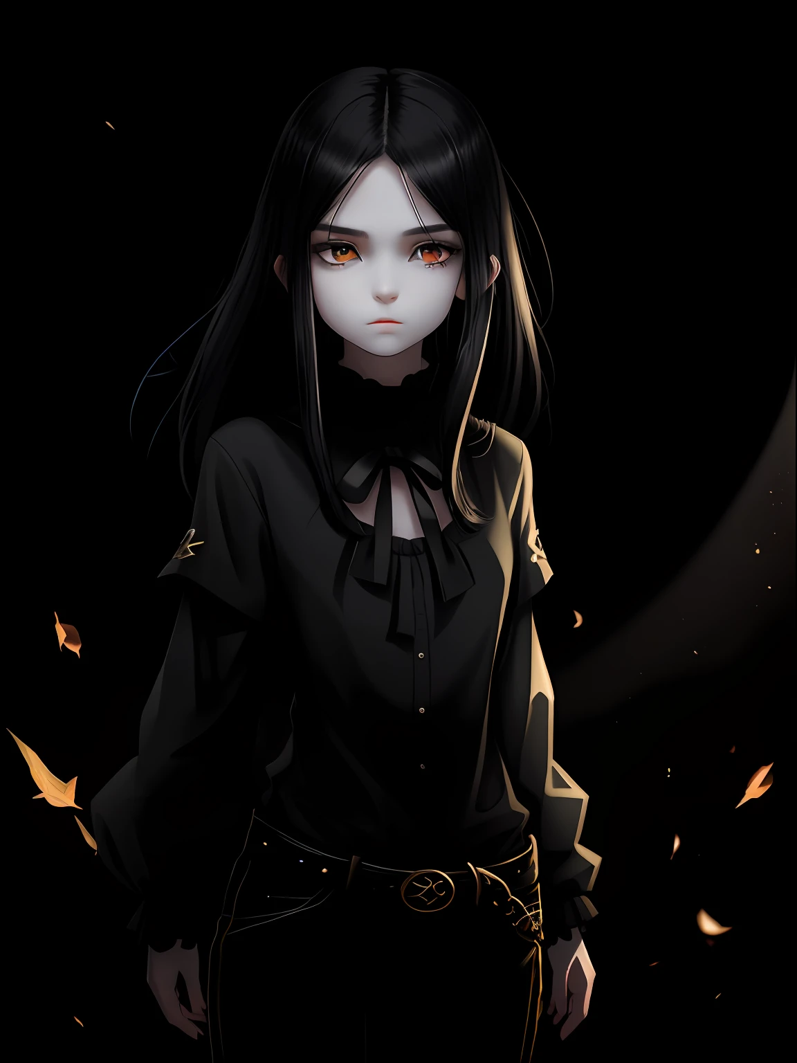 A pre teen old girl with pale skin and long, straight black hair. large and dark eyes  , with an intense and enigmatic expression. Wearing tight black clothes, with a more elegant and sophisticated touch, something that matches her mysterious and strong personality. Overall, her appearance would be striking, attracting curious and intrigued looks. flat chested, cinematic lighting, chromatic aberration, backlighting, masterpiece, high details, high quality, 4K.
