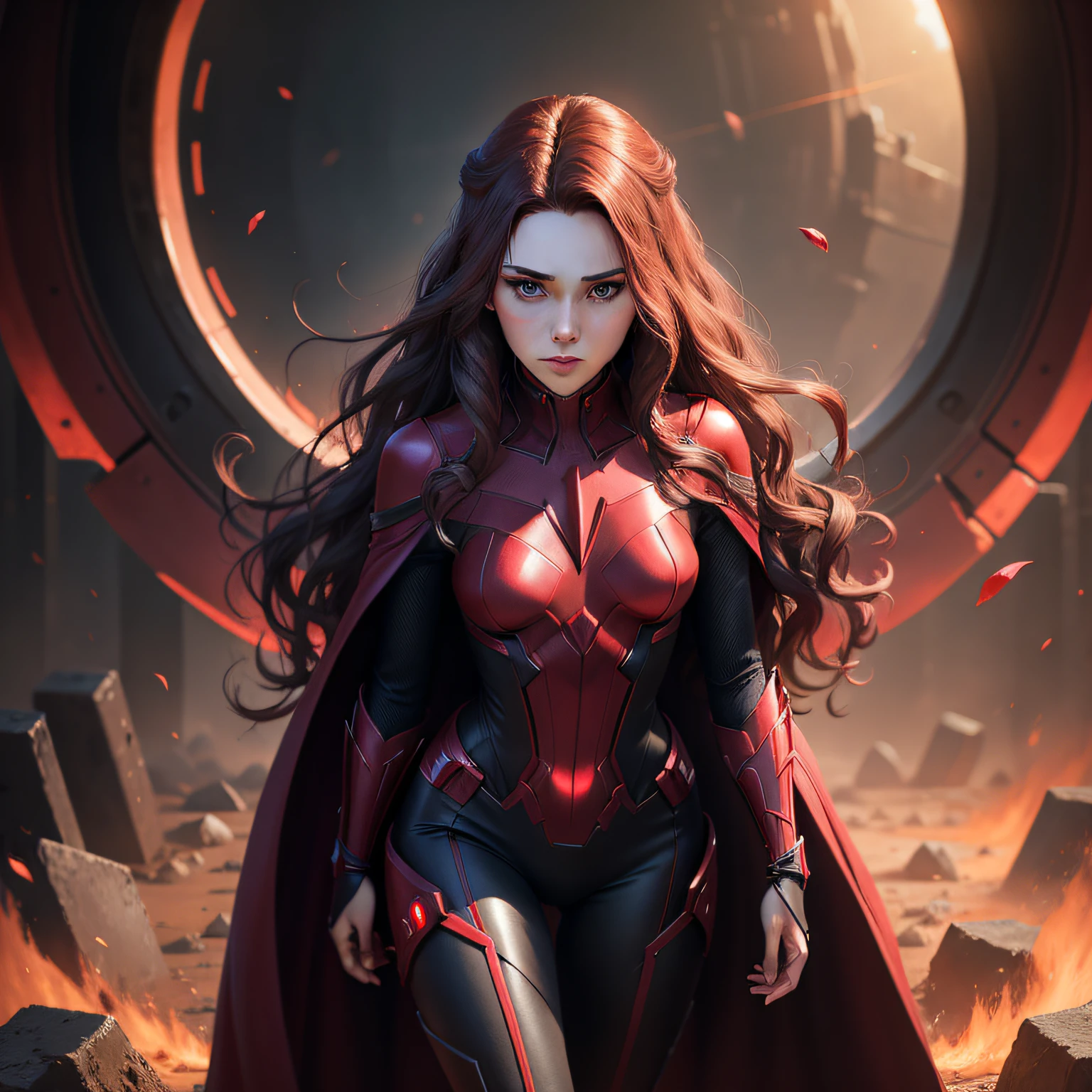 Dark_Fantasy, (Scarlet Witch, Red: 1.1), national character face, 1 person, standing full body portrait, mechanical miracle, robot presence