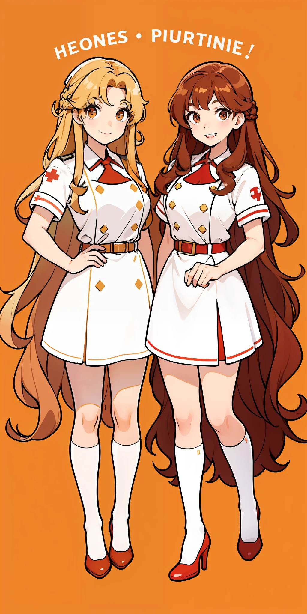 Woman, brown hair, curly hair, long hair, hazel eyes, extremely detailed, smile, nurse uniforms, white uniforms, red high heels, same color outfits, full body shot, matching outfits, identical outfits, brown hair, blonde hair, different hair colors, twin sisters