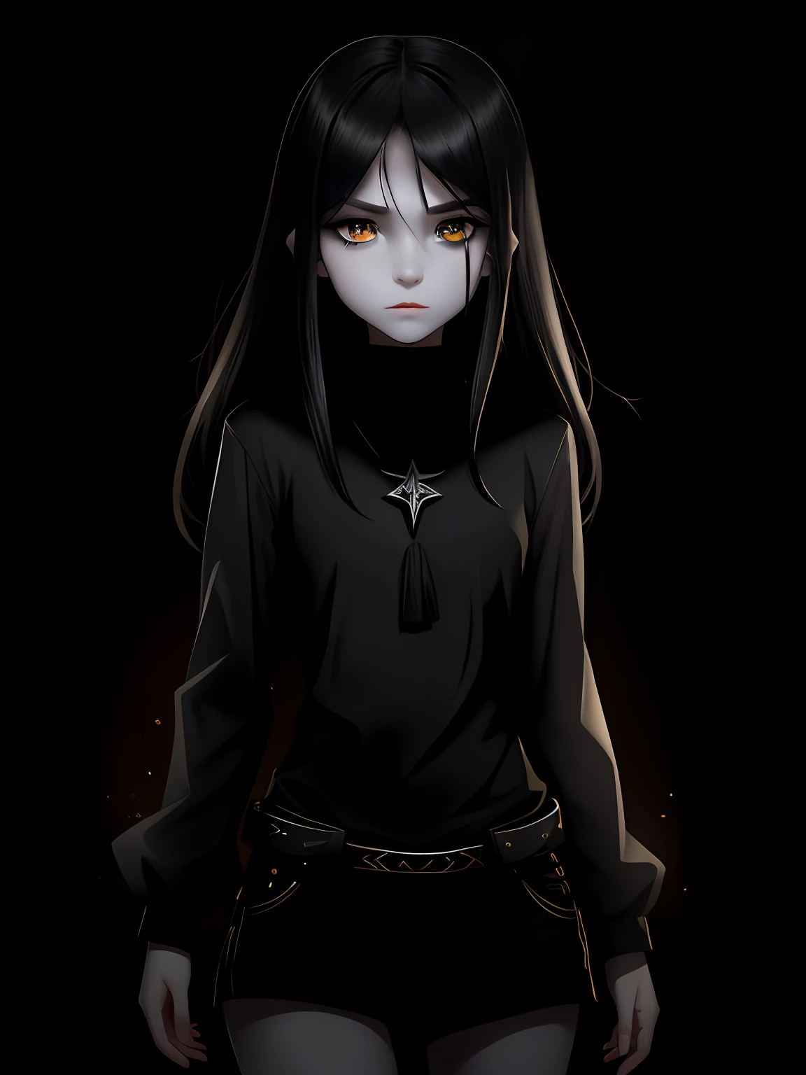 A pre old girl with pale skin and long, straight black hair. large and dark eyes , with an intense and enigmatic expression. Wearing tight black clothes, with a more elegant and sophisticated touch, something that matches her mysterious and strong personality. Overall, her appearance would be striking, attracting curious and intrigued looks. flat chested, cinematic lighting, chromatic aberration, backlighting, masterpiece, high details, high quality, 4K.
