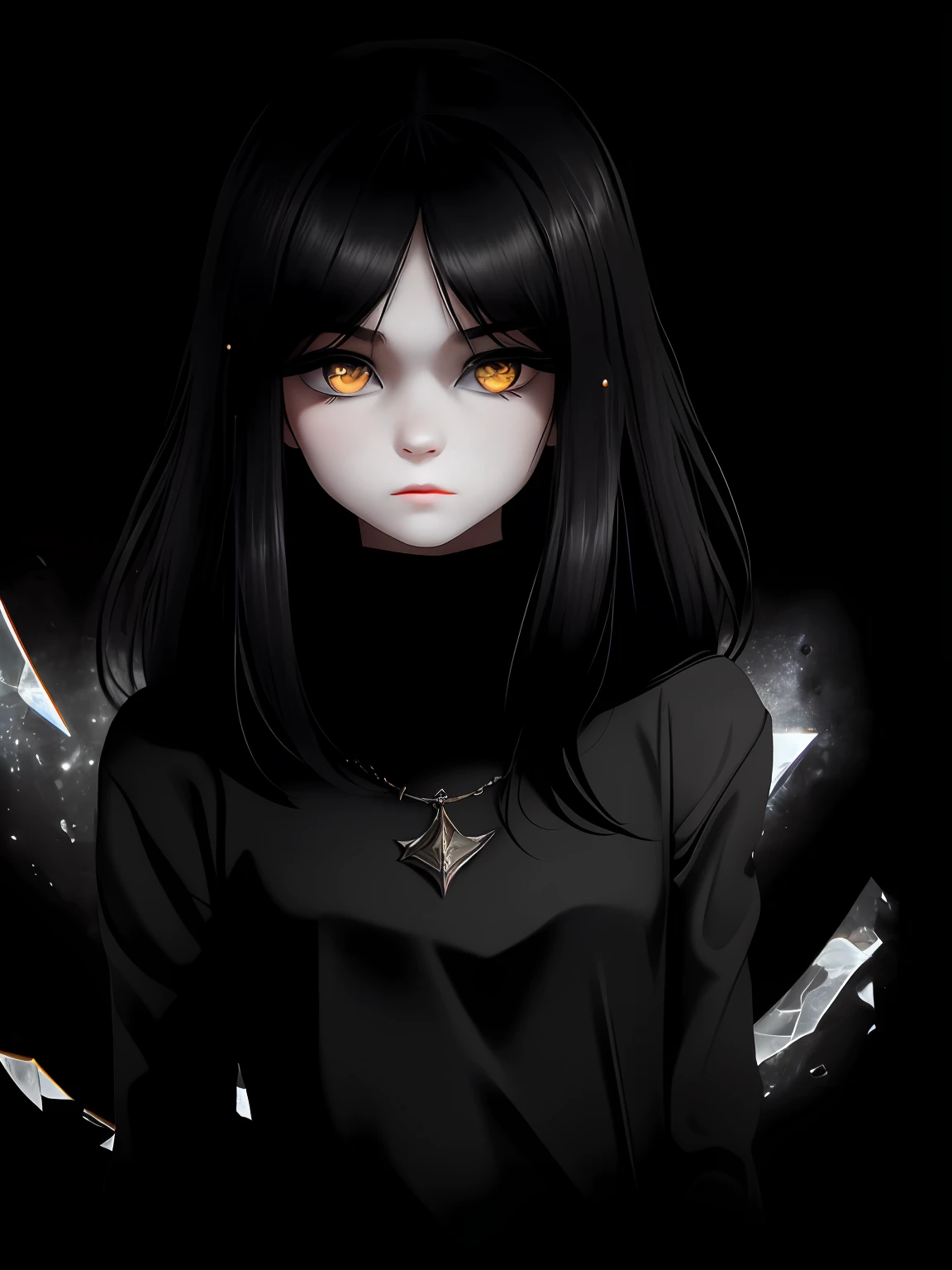 A pre teen old girl with pale skin and long, straight black hair. large and dark eyes , with an intense and enigmatic expression. Wearing tight black clothes, with a more elegant and sophisticated touch, something that matches her mysterious and strong personality. Overall, her appearance would be striking, attracting curious and intrigued looks. flat chested, cinematic lighting, chromatic aberration, backlighting, masterpiece, high details, high quality, 4K.