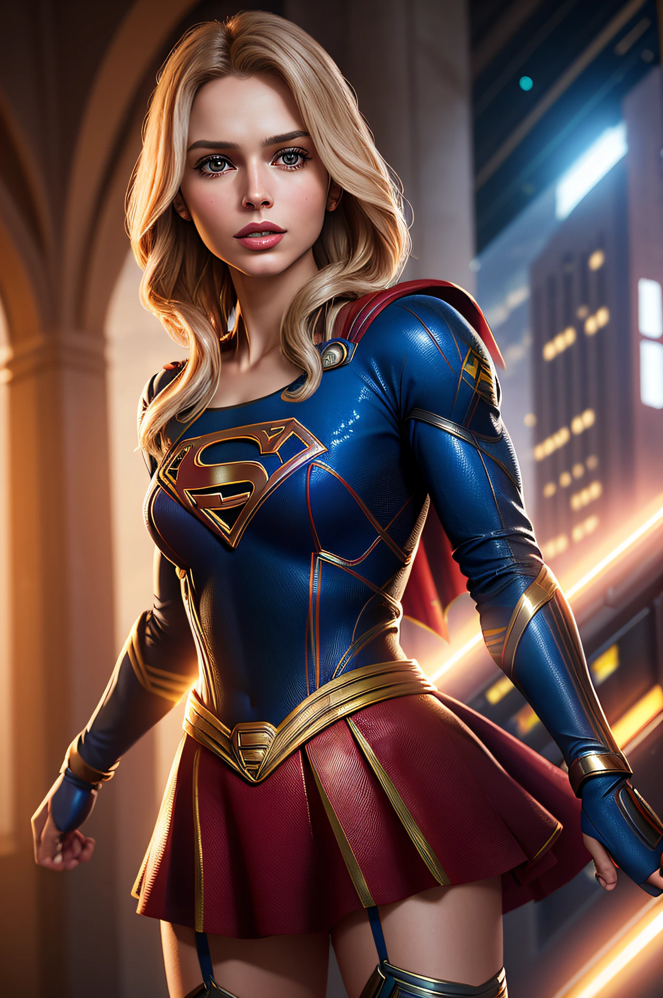 a photo of a beautiful S032_AnaMariaMarkovic, as (supergirl:1.1), in (Metropolis:1.2), (8k, RAW photo, best quality, ultra high res, photorealistic, masterpiece, ultra-detailed, Unreal Engine)