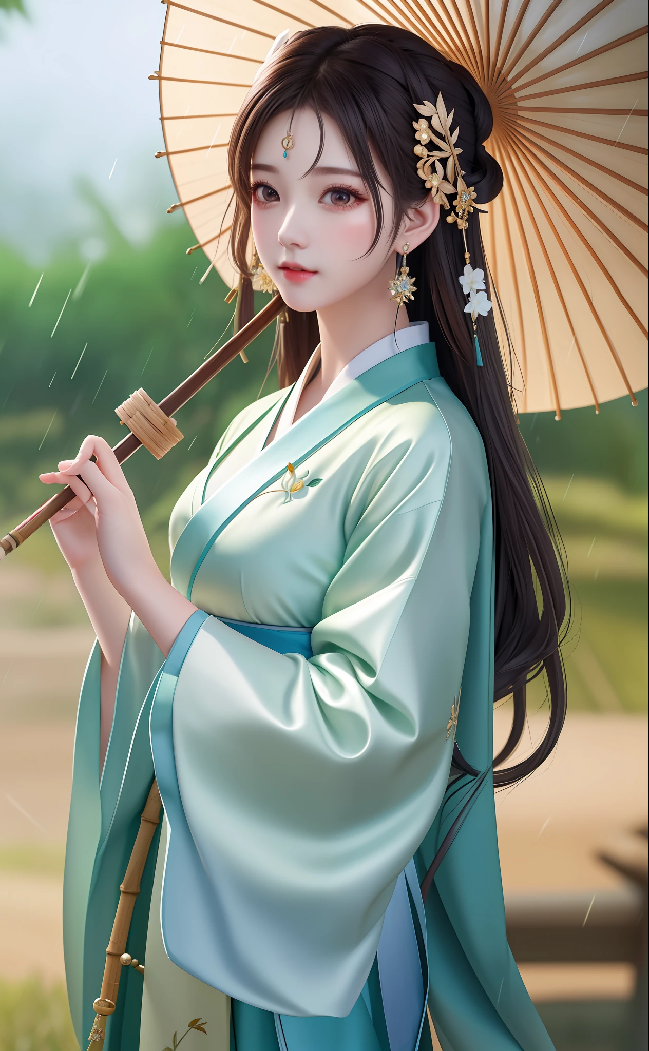 Masterpiece, extremely detailed CG unity 8k wallpaper, 1 girl, beautiful, realistic, blur, blurred background, blurred foreground, bamboo forest, depth of field, earrings, jewelry, nose, realistic, solo, hanfu, holding oli paper umbrella, rain