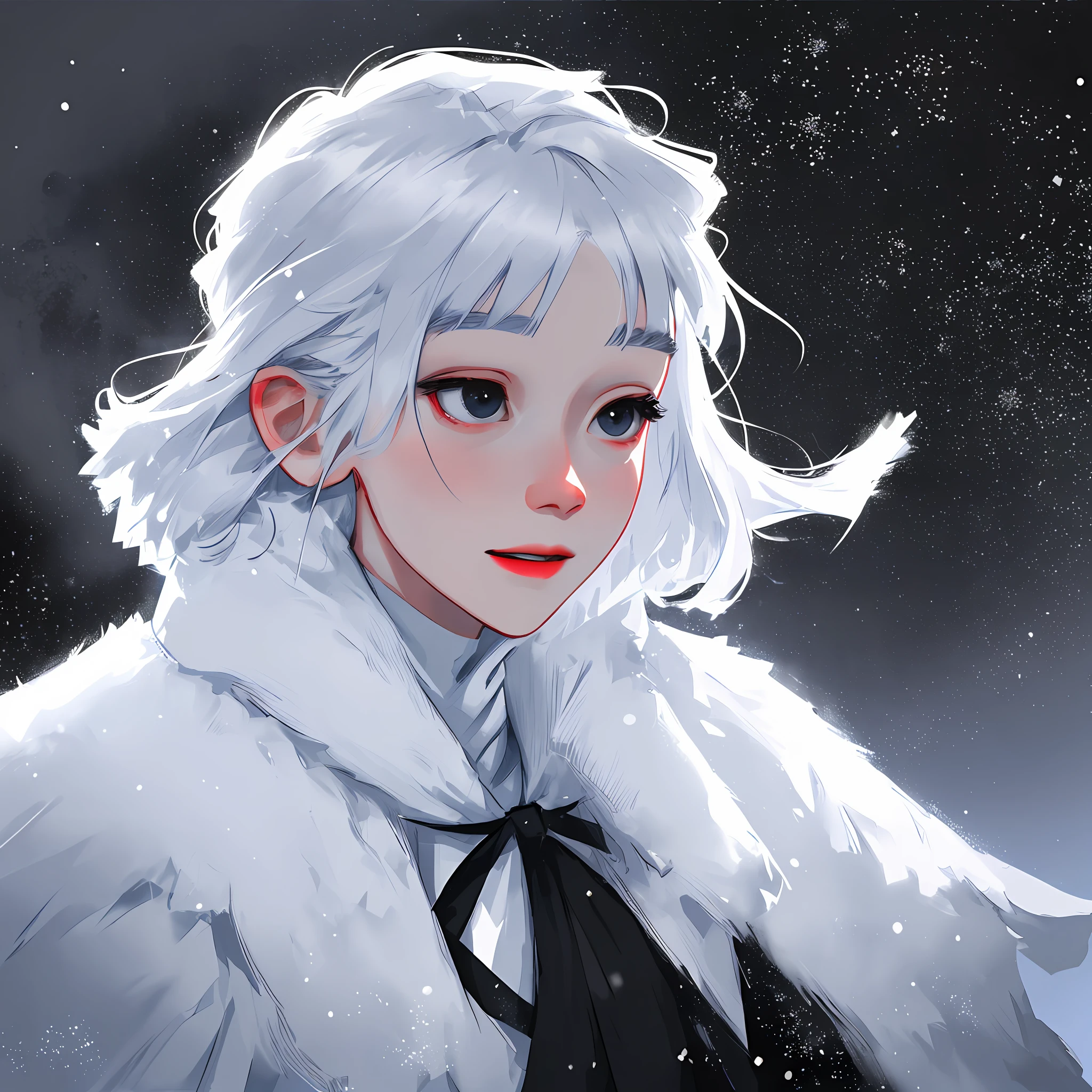 Best texture, high quality, ultra high definition, 8K, light, ((side face close-up)), ((half face)), silver white hair, super short hair boy, look up at snowflakes, ultra-detailed face, deep black eyes, fair skin, super clear jaw, (background: snow, sunset, evening, afterlight, night, snow room, snow house), (lens clearly captures snowflakes falling) Very detailed, high detail, ultra-clear, a picture full of happiness.