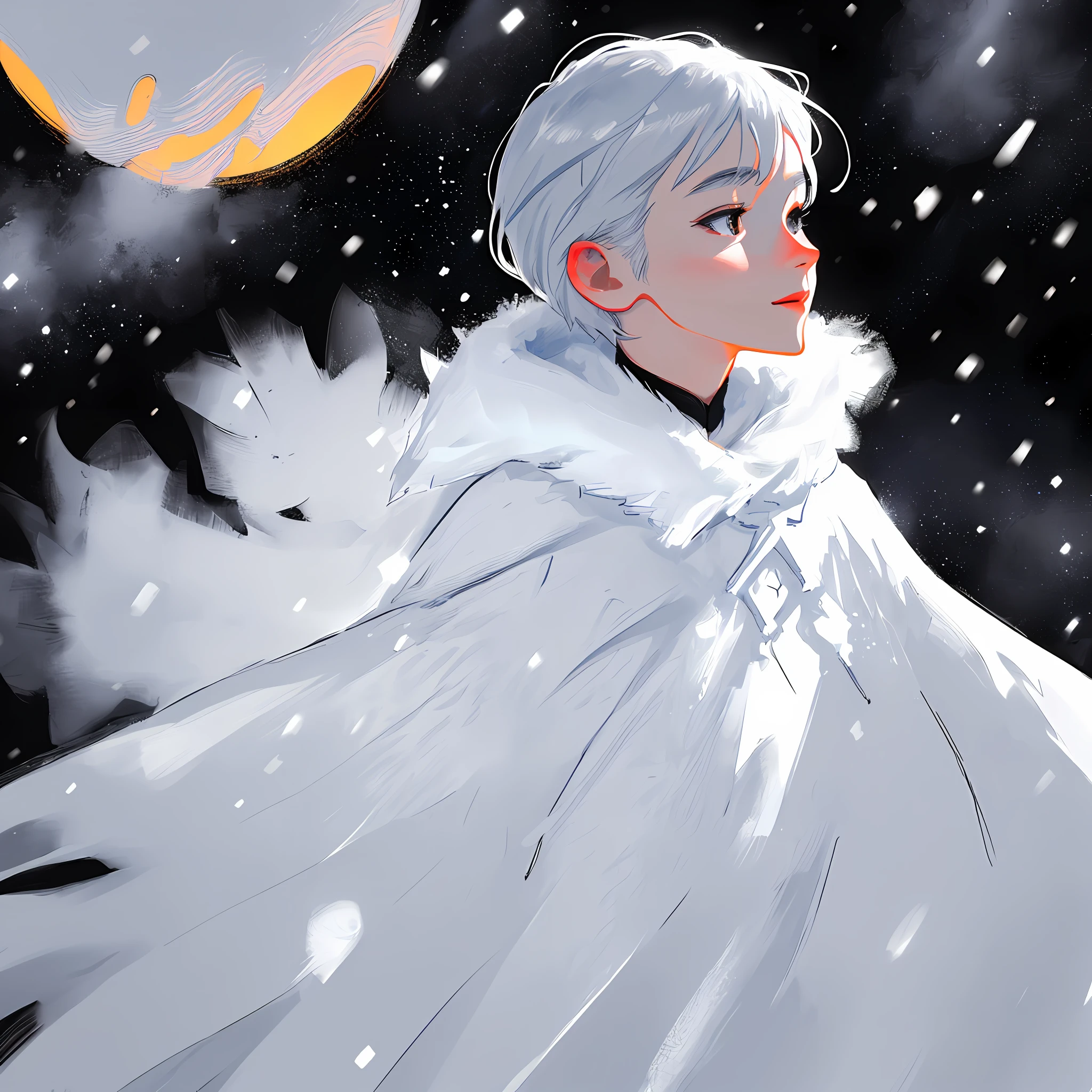 Best texture, high quality, ultra high definition, 8K, light, ((side face close-up)), ((half face)), silver white hair, super short hair boy, look up at snowflakes, ultra-detailed face, deep black eyes, fair skin, super clear jaw, (background: snow, sunset, evening, afterlight, night, snow room, snow house), (lens clearly captures snowflakes falling) Very detailed, high detail, ultra-clear, a picture full of happiness.