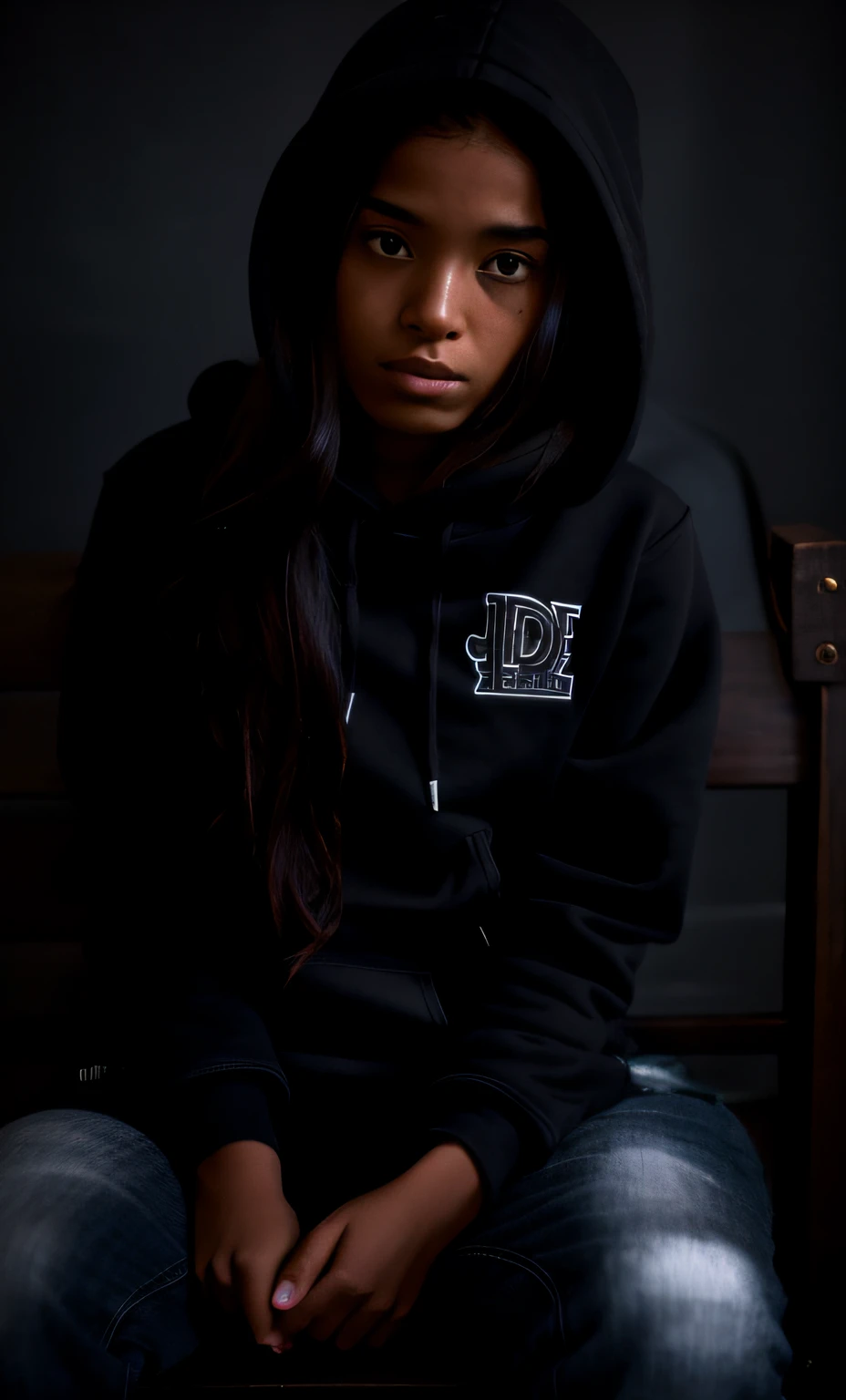 arafed woman sitting on a bench in a dark room, black haired girl wearing hoodie, girl wearing hoodie, wearing jeans and a black hoodie, in a black hoodie, a portrait of a suicidal girl, portrait of depressed teen, wearing a dark hood, depressed girl portrait, in a hoodie, wearing a black hoodie, infp young woman, portrait of a ominous girl
