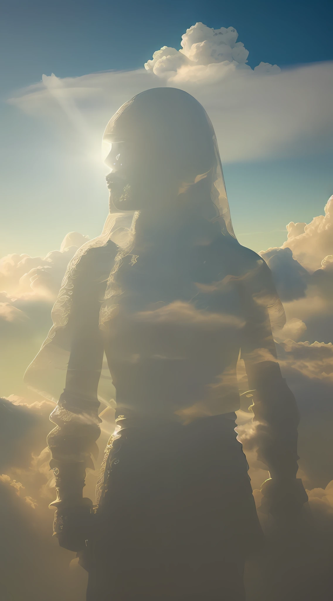 Handicraft photo, photo of an artificial cloud, from the top, clouds through the afternoon sun, intricate, shiny, transparent, translucent, (women are painted on the clouds), medium view, close-up of clouds, grotesque art style, extremely creative, ethereal, simple and mysterious, high quality, 8k