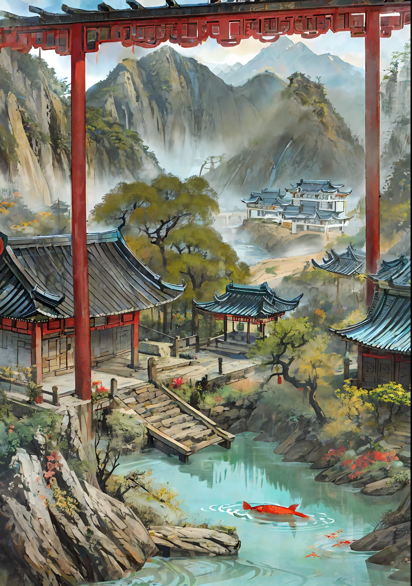 Huaniu, [(white background: 1.5)::5], Chinese style, flowers, (fish)), beautiful details water, no people, surrounded by mountains, mountains, and hua birds, surrounded by mountains, mountains, smoky and mist rising,
and the Chinese bird, ((((architecture))), without humans,
And Chinese birds, waterfalls, beautiful details of water,
and hua birds, lake water, lotus flowers and leaves, boats, pine trees, octagonal stone pavilions, arch bridges,