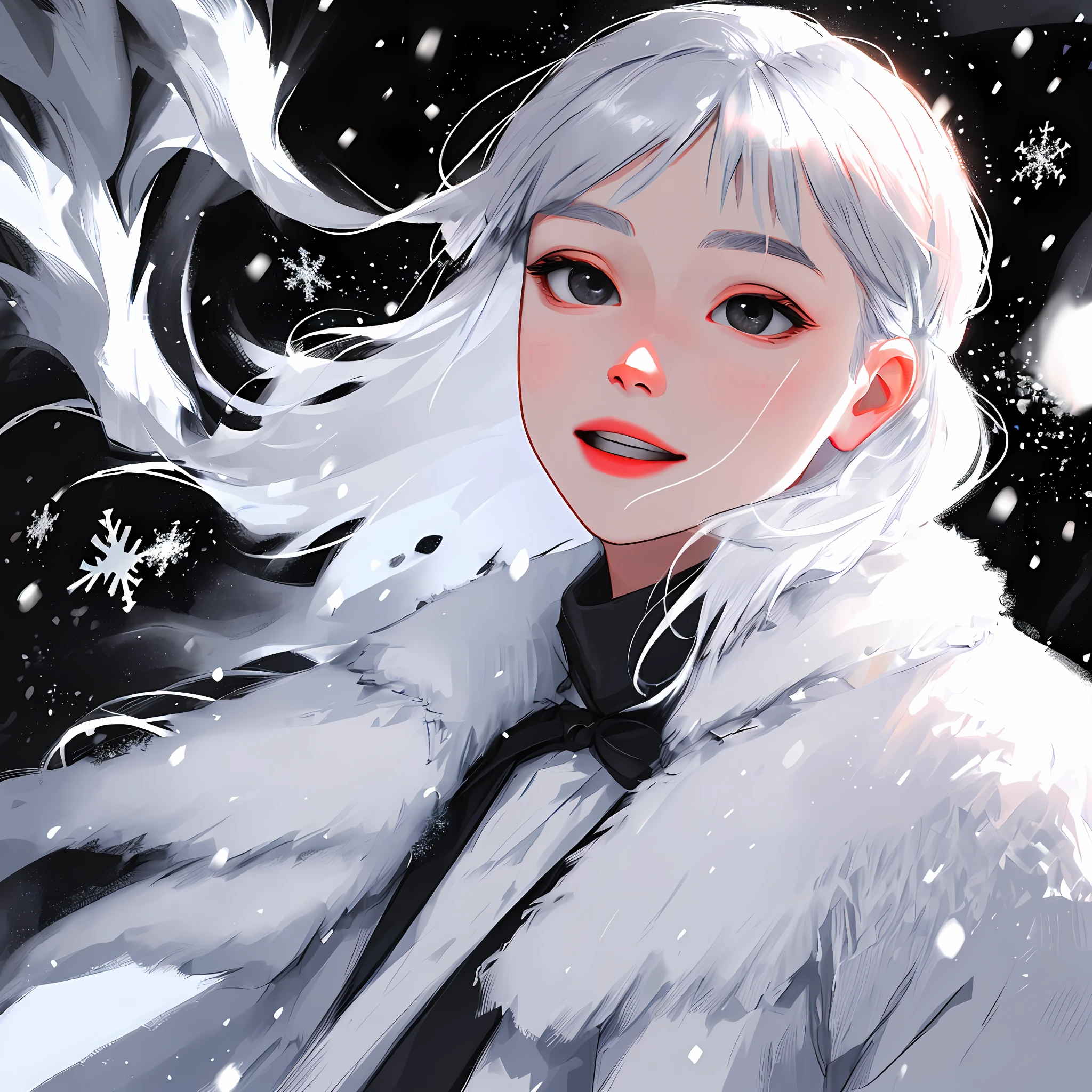 Best texture, high quality, ultra high definition, 8K, light, ((side face close-up)), ((half face)), silver white hair, super short hair boy, look up at snowflakes, ultra-detailed face, deep black eyes, fair skin, super clear jaw, (background: snow, sunset, evening, afterlight, night, snow room, snow house), (lens clearly captures snowflakes falling) Very detailed, high detail, ultra-clear, a picture full of happiness.