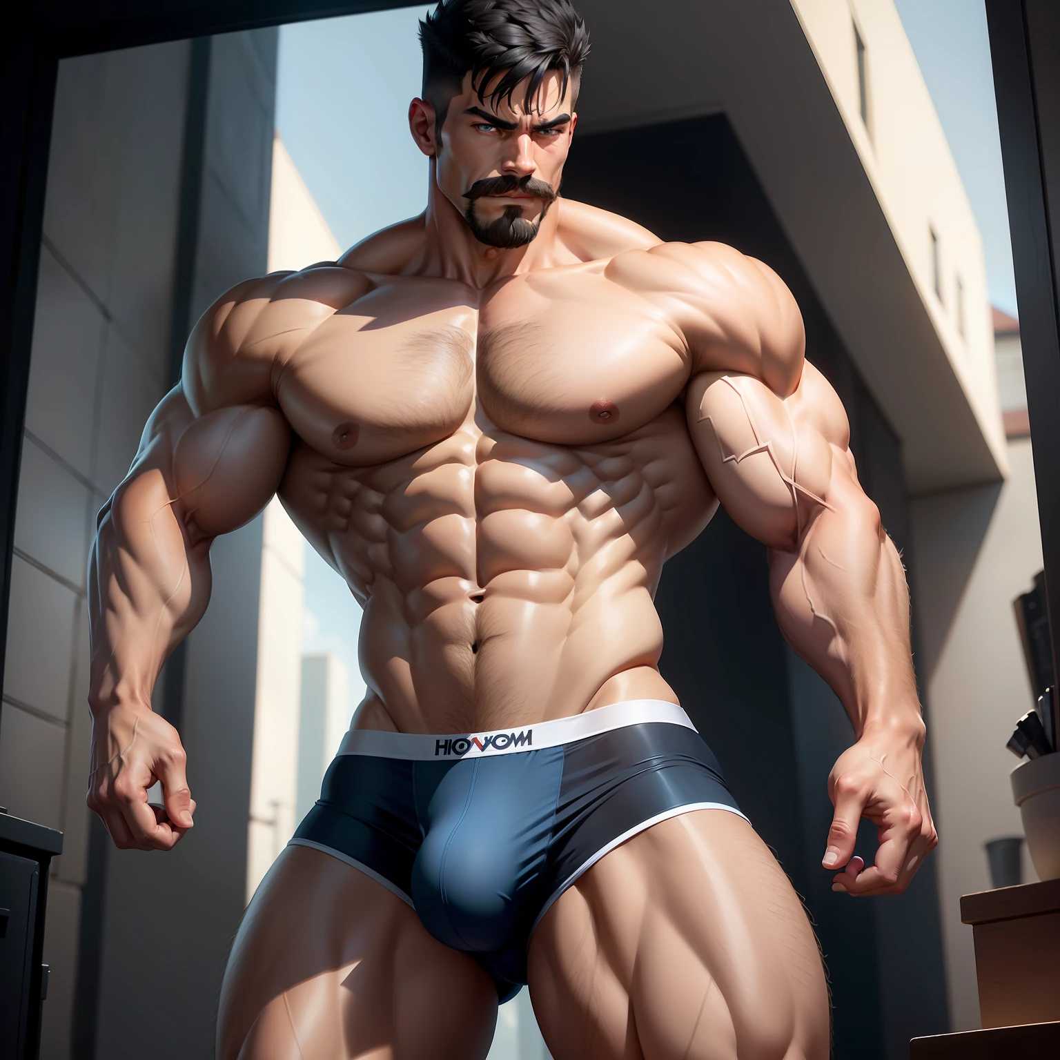 extremely detailed muscular man, (Cartoon style), extremely detailed very short hair, black hair and with extremely detailed white sides, wearing only an extremely detailed boxer briefs, with very large volume in the underwear, extremely detailed blue eyes, full body vision, with medium mustache