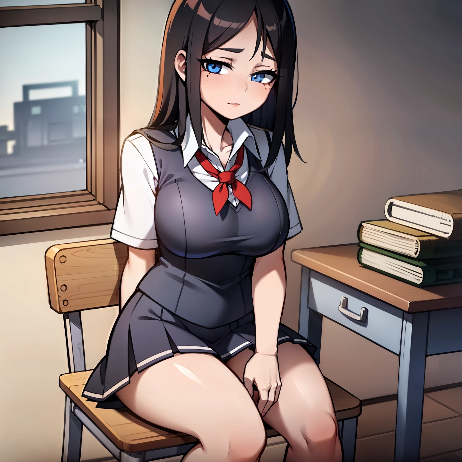 girl, school uniform, very short skirt, very big tits, fair skin, random birthmarks, long straight black hair, blue eyes, sitting at her desk, looking away, front view