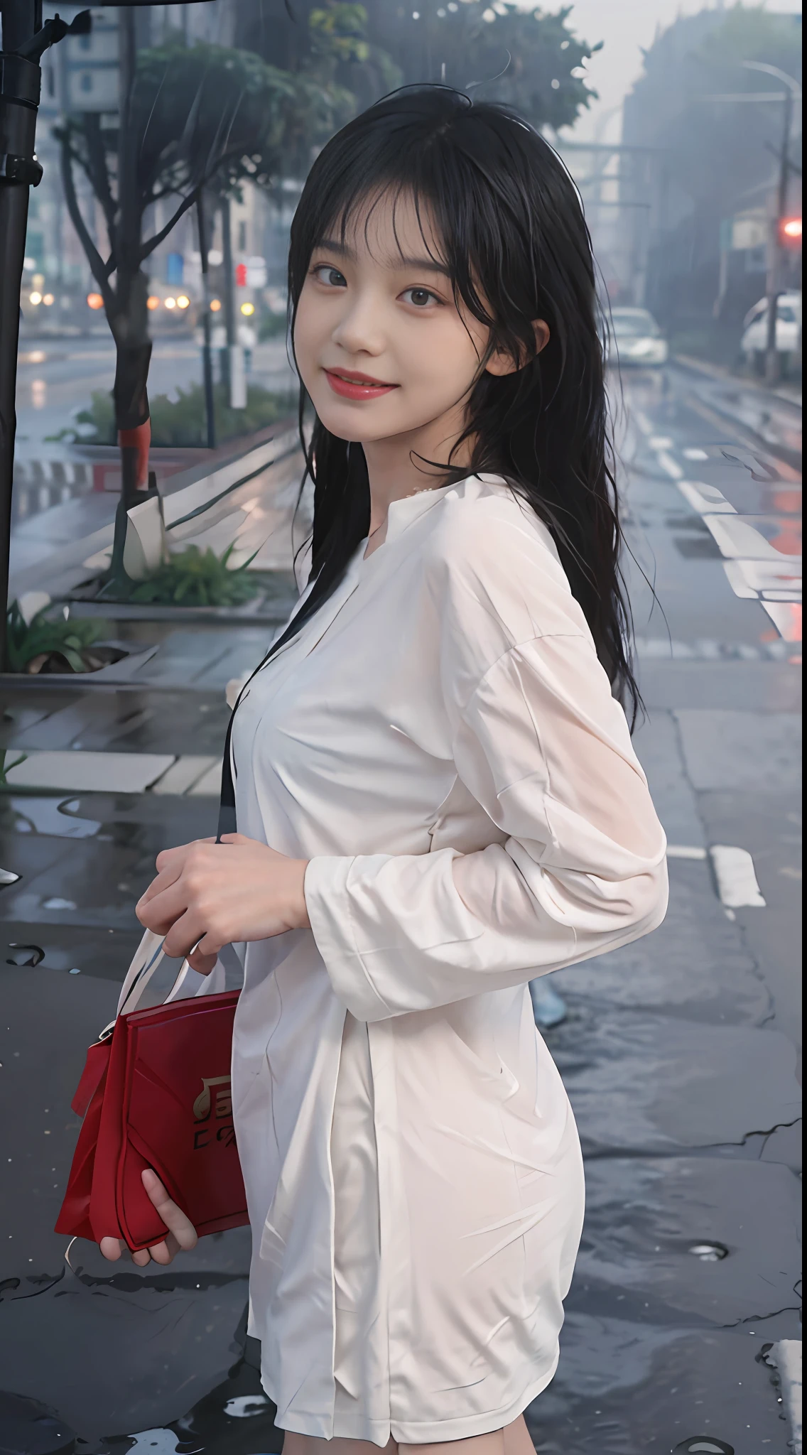 ((Best Quality, 8k, Masterpiece: 1.3)), Focus: 1.2, Perfect Body Beauty: 1.4, Buttocks: 1.2, ((Long Hair)), (Wet Clothes: 1.1) , (Rain, Street:1.3), Bandeau Dress: 1.1, Highly Detailed Face and Skin Texture, Delicate Eyes, Double Eyelids, Whitening Skin, Smile