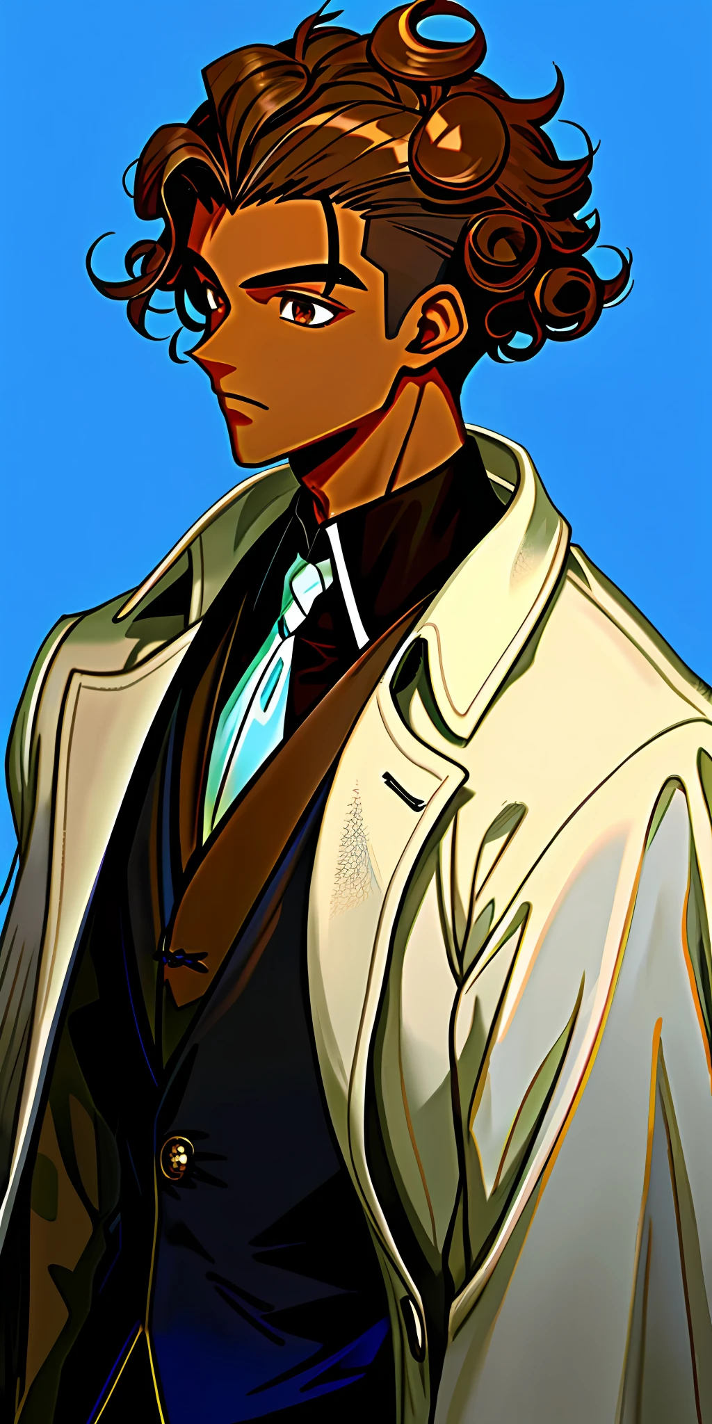 1boy, dark skin, short white curly hair, shaved side, coat, brown eye, blue background