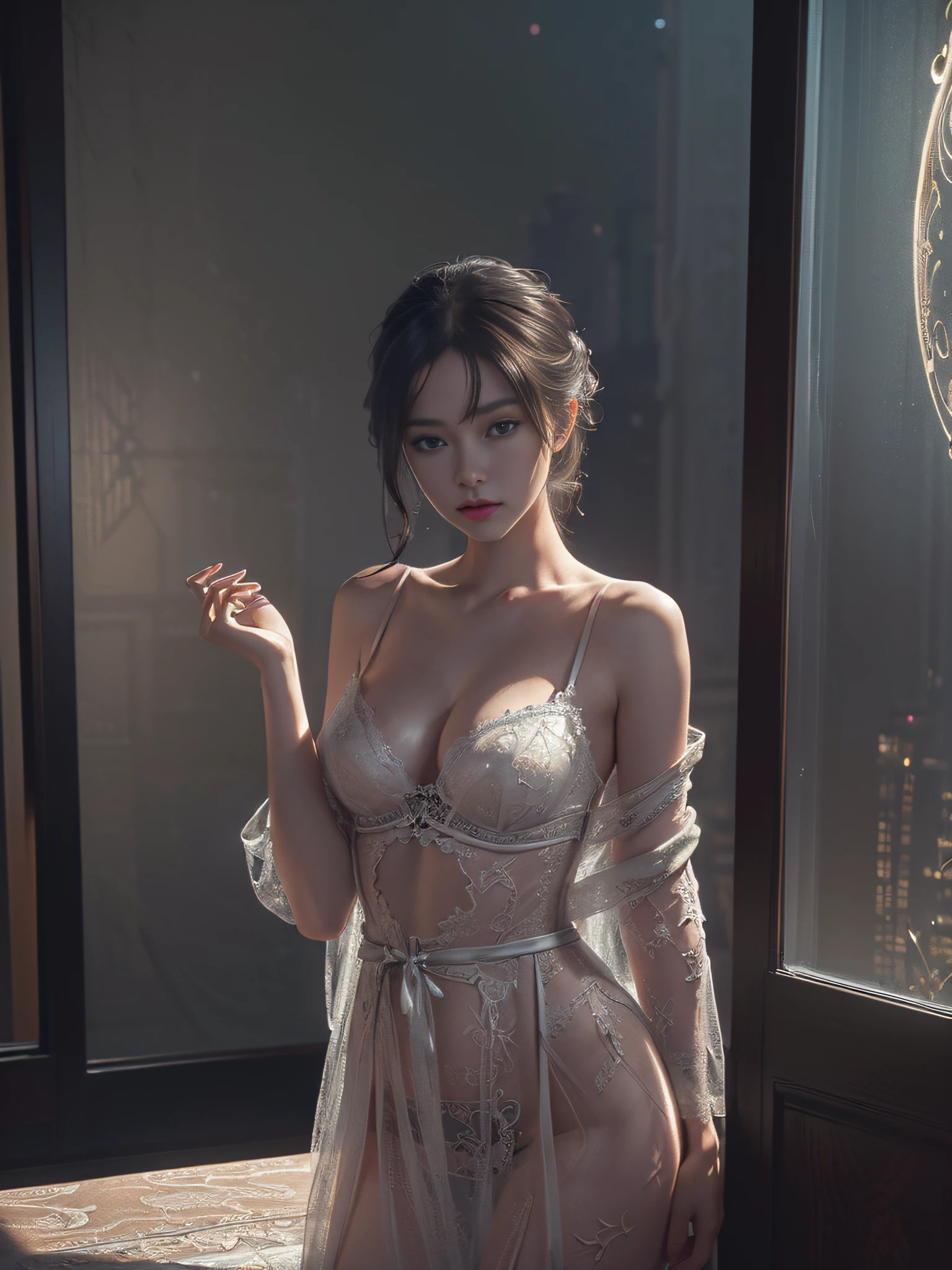 Prostitute, (seductive, enchanting, alluring), hotel window at night(raw photo ,photorealistic:1.5)(beautiful detailed girl, extremely detailed eyes and face:1.2)(best quality ,masterpiece, illustration, an extremely delicate and beautiful, extremely detailed ,CG ,unity ,8k wallpaper, Amazing, finely detail, best quality,official art:1.3)