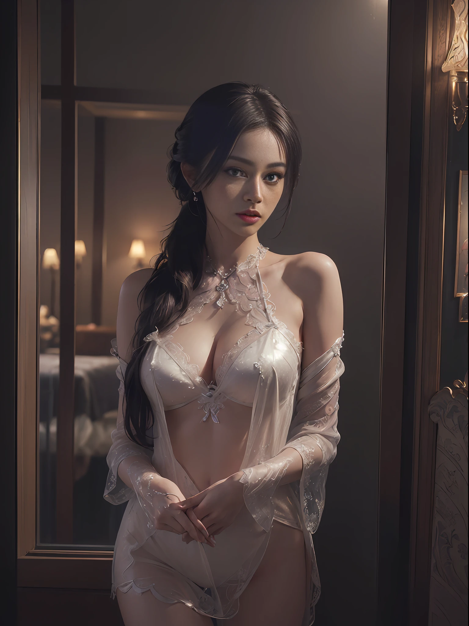 Prostitute, (seductive, enchanting, alluring), hotel window at night(raw photo ,photorealistic:1.5)(beautiful detailed girl, extremely detailed eyes and face:1.2)(best quality ,masterpiece, illustration, an extremely delicate and beautiful, extremely detailed ,CG ,unity ,8k wallpaper, Amazing, finely detail, best quality,official art:1.3)