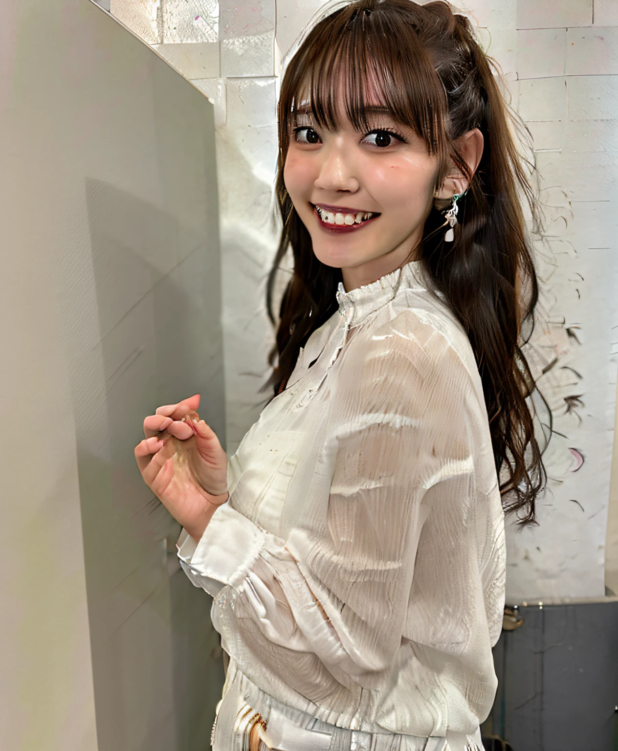 Back view, turned around, emphasized buttocks, top quality, ultra detail, ultra high resolution, (photorealistic: 1.8), (upper body shot: 1.5), Saika 1, side angle, erotic face, viewer look, smile, (wearing white formal blouse: 1.8), big earrings, natural light, C cup