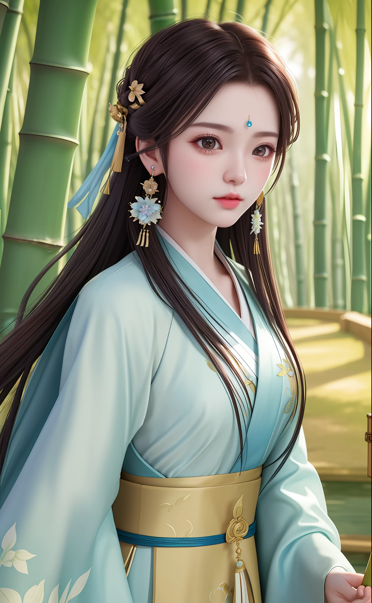 Masterpiece, extremely detailed CG unity 8k wallpaper, 1 girl, beautiful, realistic, blur, blurred background, blurred foreground, bamboo forest, depth of field, earrings, jewelry, nose, realistic, solo, hanfu