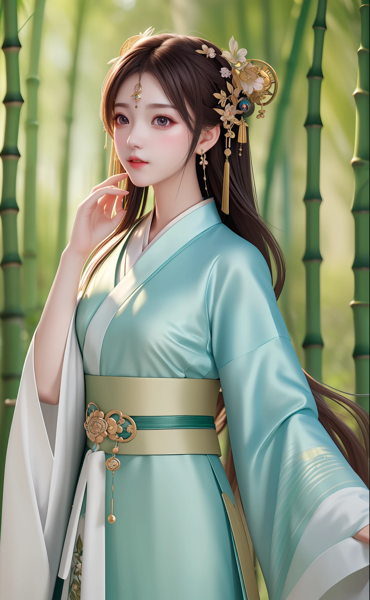 Masterpiece, extremely detailed CG unity 8k wallpaper, 1 girl, beautiful, realistic, blur, blurred background, blurred foreground, bamboo forest, depth of field, earrings, jewelry, nose, realistic, solo, hanfu