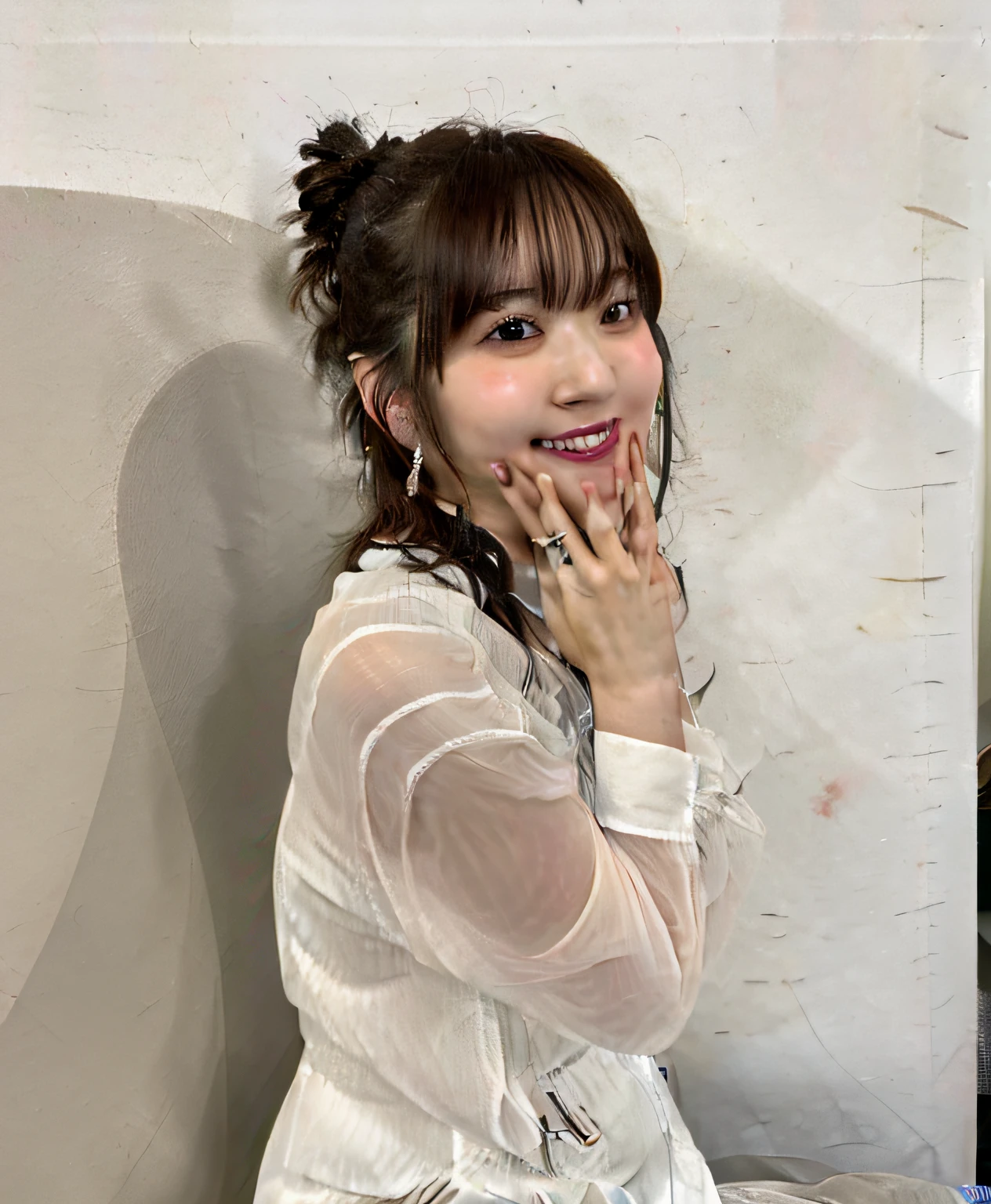 Back view, turned around, emphasized buttocks, top quality, ultra detail, ultra high resolution, (photorealistic: 1.8), (upper body shot: 1.5), Saika 1, side angle, erotic face, viewer look, smile, (wearing white formal blouse: 1.8), big earrings, natural light, C cup