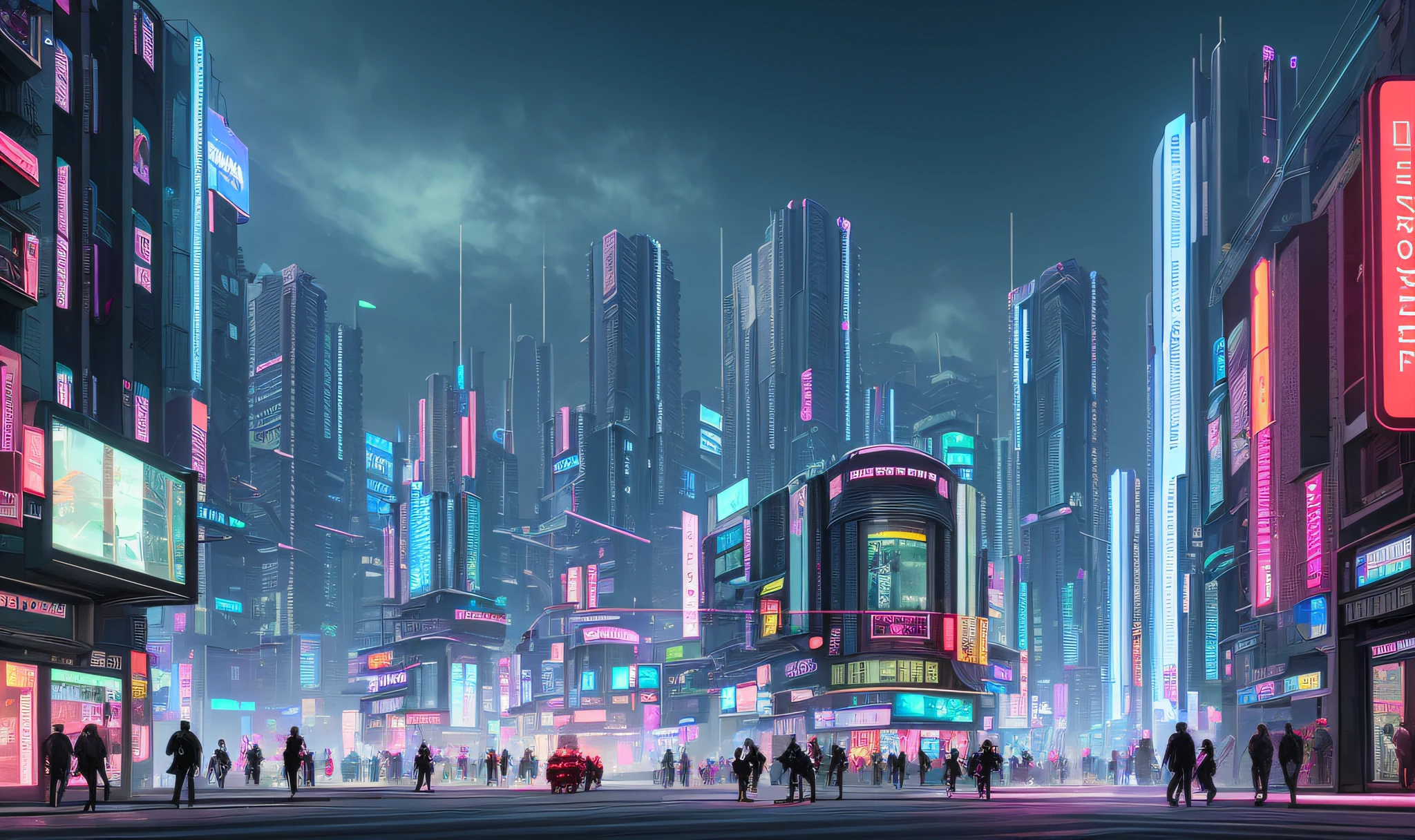 Vision of a neighborhood in a cyberpunk city, with several irregular constructions, shops, residences, people walking in the streets, some cars passing in the streets, night, lights and neon, photorealistic,