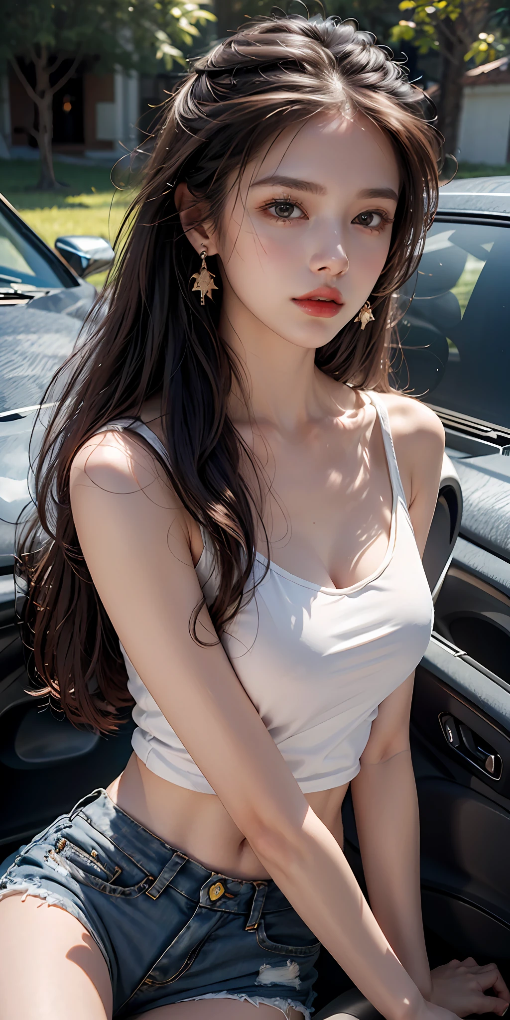 Best quality, masterpiece, super high resolution, (realistic: 1.4), original photo, (evening street), 1 girl, dark eyes, long hair, light makeup, lips, white t-shirt, denim shorts, earrings, sitting on Ferrari, big breasts, slim