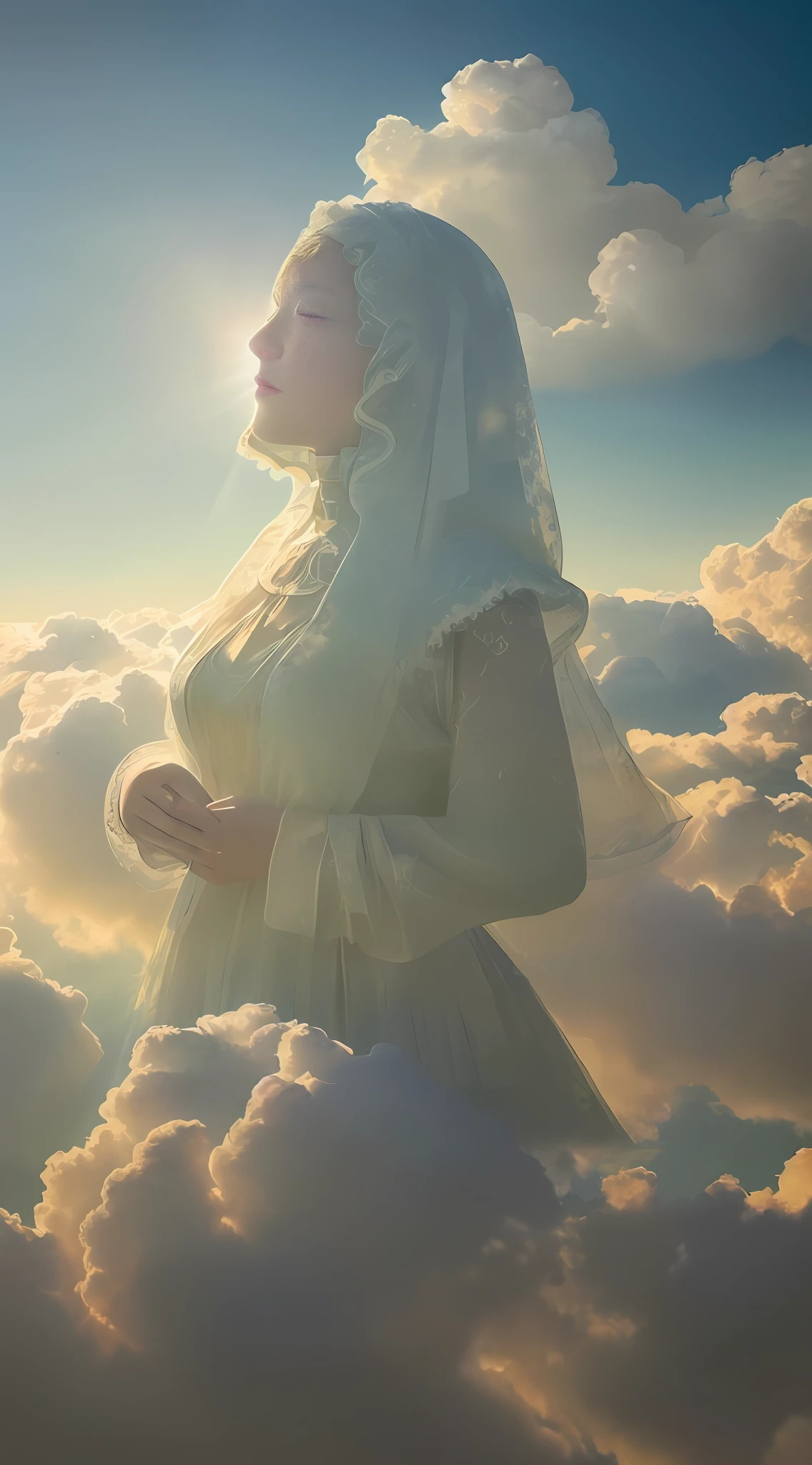 Handicraft photo, photo of an artificial cloud, from the top, clouds through the afternoon sun, intricate, shiny, transparent, translucent, (women are painted on the clouds), medium view, close-up of clouds, grotesque art style, extremely creative, ethereal, simple and mysterious, high quality, 8k