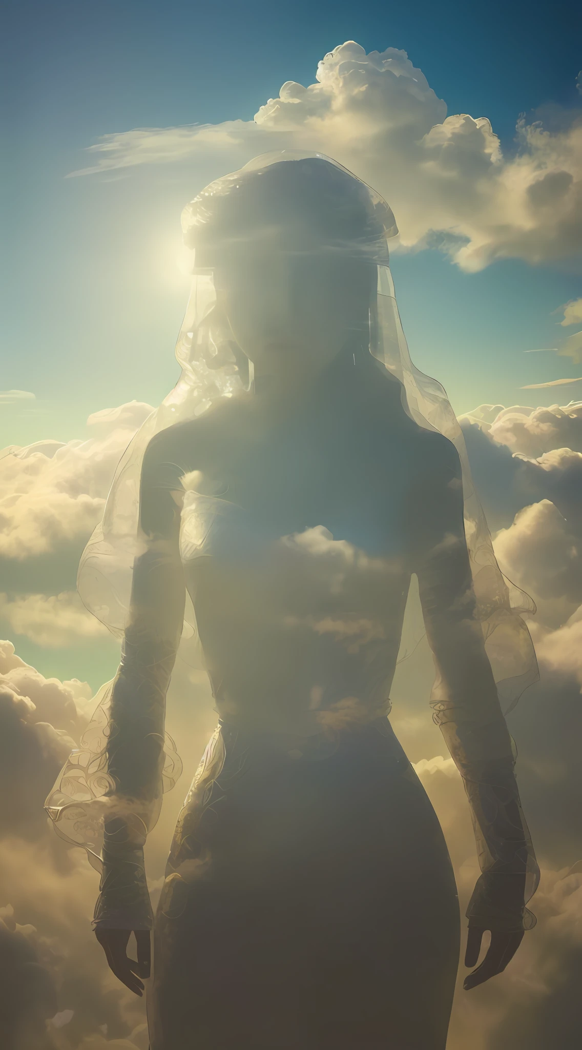 Handicraft photo, photo of an artificial cloud, from the top, clouds through the afternoon sun, intricate, shiny, transparent, translucent, (women are painted on the clouds), medium view, close-up of clouds, grotesque art style, extremely creative, ethereal, simple and mysterious, high quality, 8k