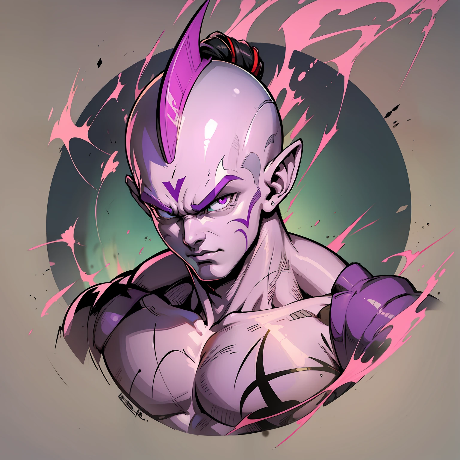 frieza from dragon ball, neo traditional stylized tattoo, traces of graffiti, thick strokes, drawing, digital painting, 2 dimensions