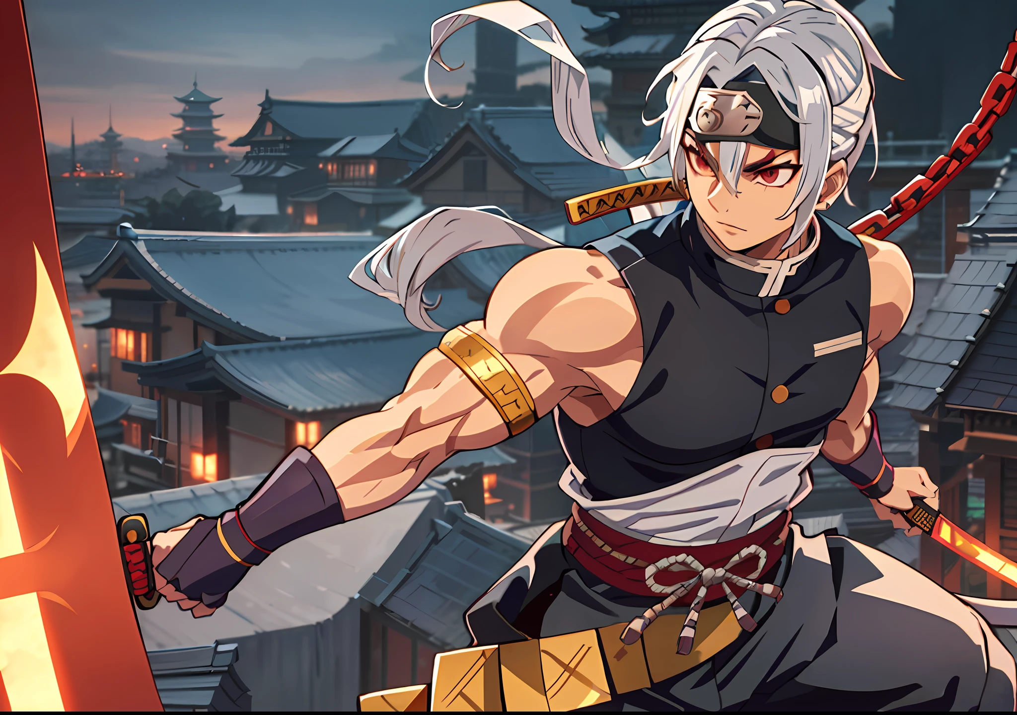 A shinobi standing on a rooftop with 2 blades, 1guy, demon slayer, tengen uzui, shinobi, anime, ultra detailed, beautiful body, detailed clothes, good physique, detailed background, white hair, sword, running, chain, 1guy, solo, fullbody, perfect details, good anatomy, double blade