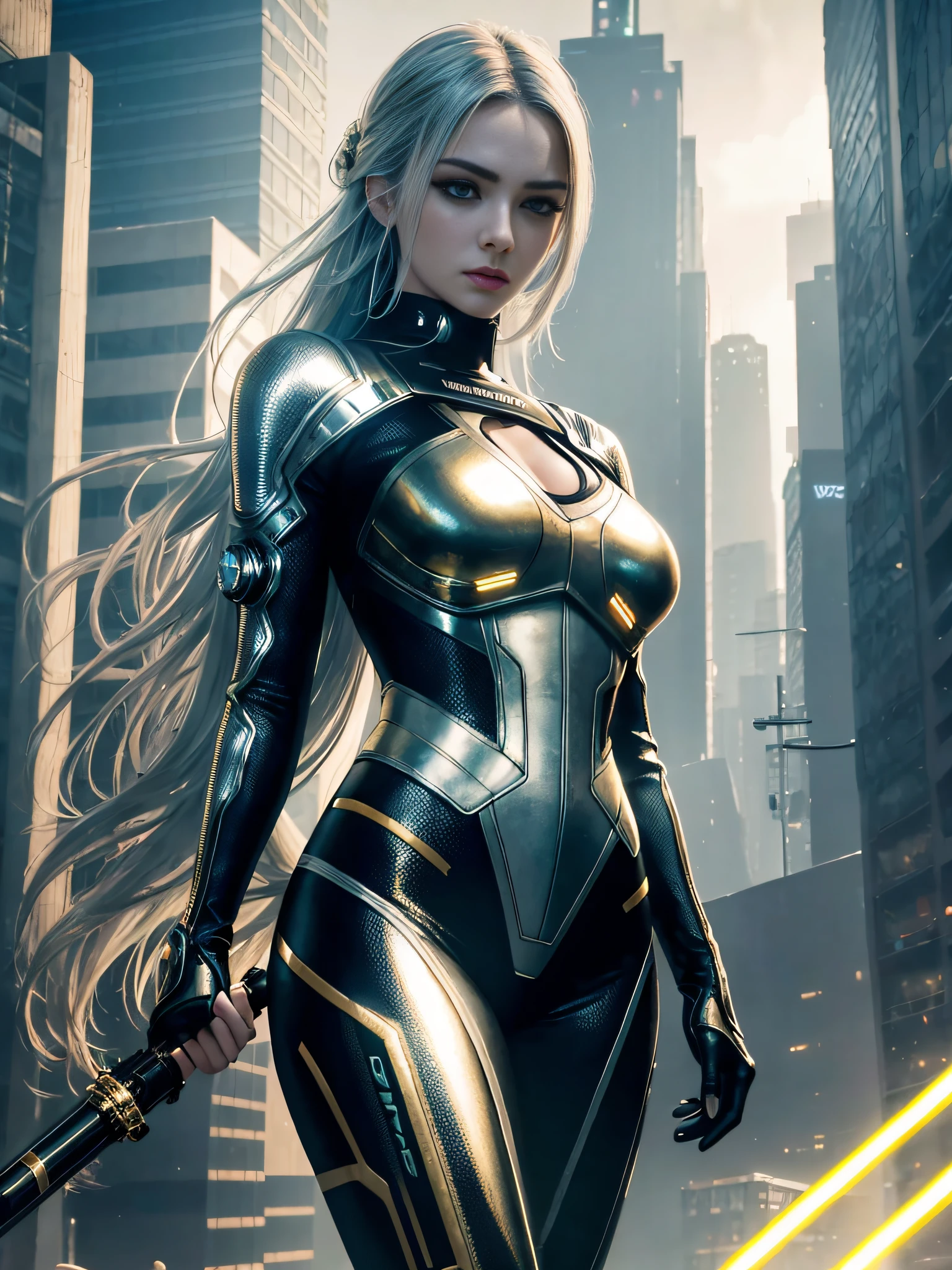 extremely beautiful young lady, cyberpunk subtle makeup, golden hour, photorealistic, high contrast, 8k HD, detailed, hyper-detailed, realistic skin texture, long silver hair, big breast, best quality, ultra high res, raw photo, dramatic lighting, unreal engine, diffuse glow, intricate futuristic suit, outdoor, cyberpunk city, holding light saber
