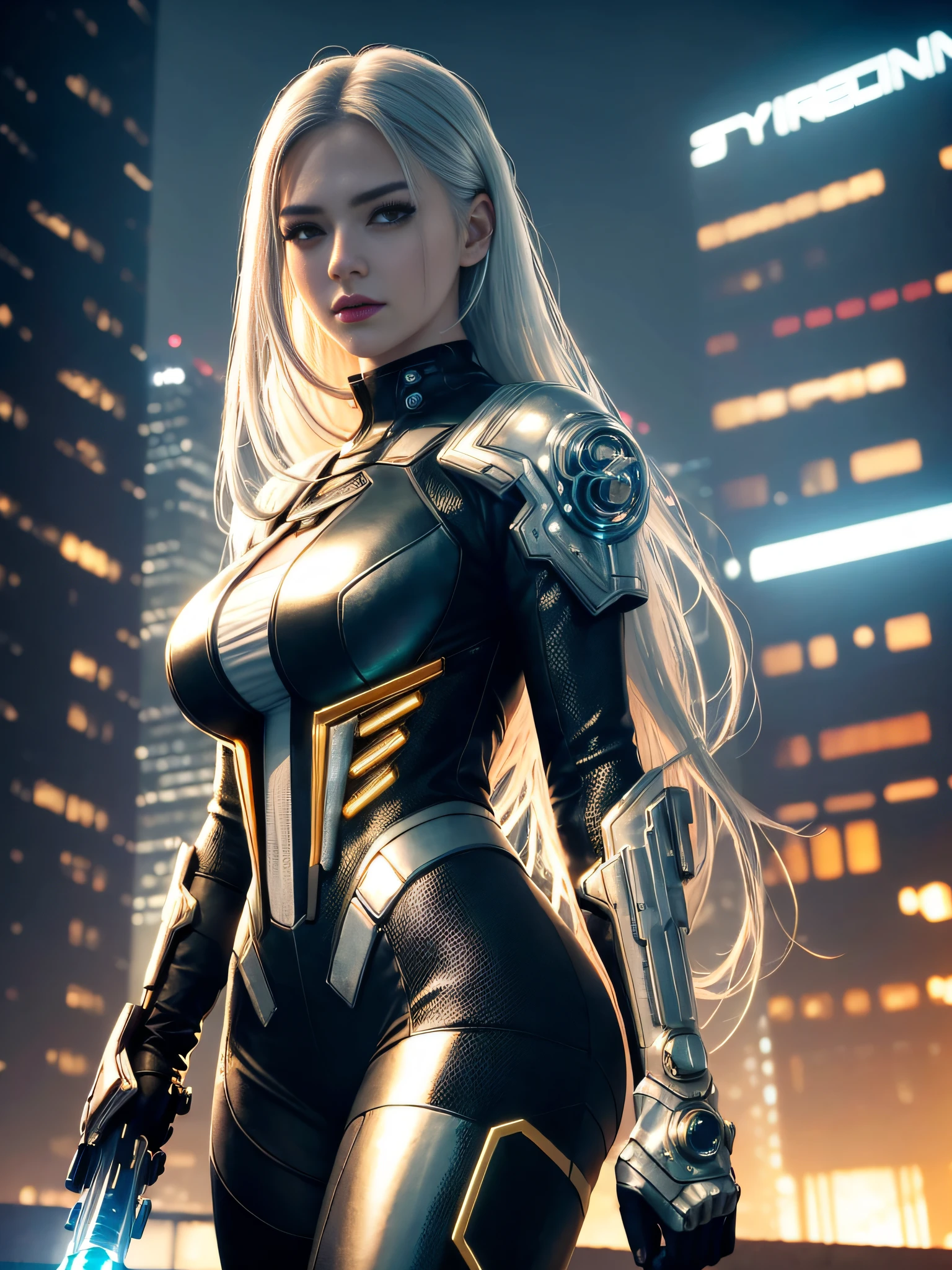 extremely beautiful young lady, cyberpunk subtle makeup, golden hour, photorealistic, high contrast, 8k HD, detailed, hyper-detailed, realistic skin texture, long silver hair, big breast, best quality, ultra high res, raw photo, dramatic lighting, unreal engine, diffuse glow, intricate futuristic suit, outdoor, cyberpunk city, holding light saber