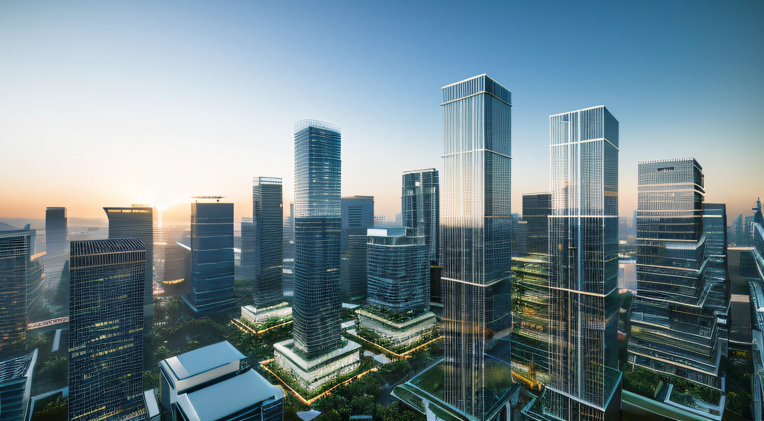 ((masterpiece, best quality)), day ligth, trees and buildings, aerial view of skyscrapers, photorealistic. cinematic illumination. dramatic illumination. , 8k, modern architecture style, photo realistic, hyper detailed photo, clean sky,